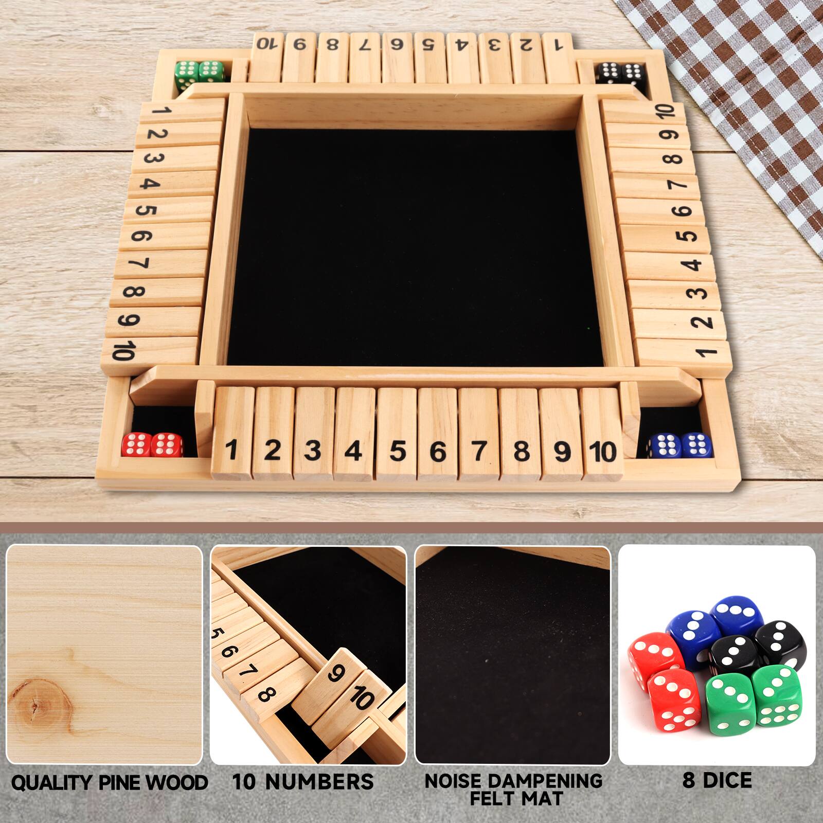 12345678910, 10 NUMBERS, QUALITY PINE WOOD, NOISE DAMPENING FELT MAT, 8 DICE
