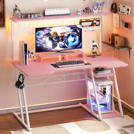 Aheaplus - 47" Reversible Gaming Desk with Power Outlets, LED Lights, Hutch and Pegboard - Pink