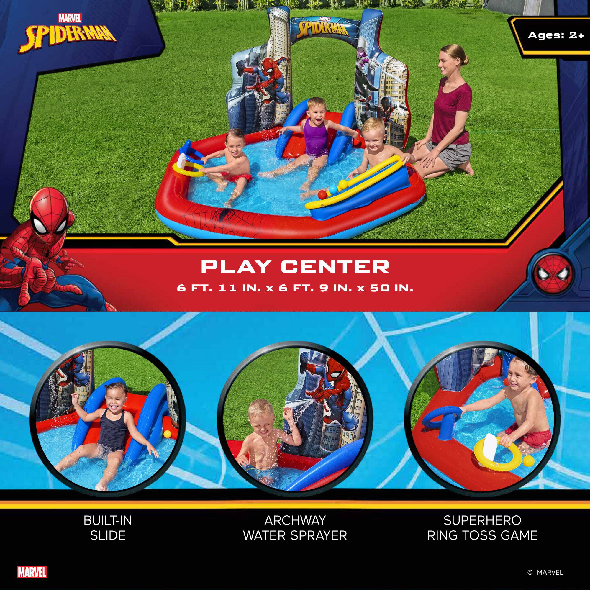 MARVEL SPIDERMAN

PLAY CENTER
6 FT. 11 IN. x 6 FT. 9 IN. x 50 IN.

Ages: 2+

BUILT-IN SLIDE

ARCHWAY WATER SPRAYER

SUPERHERO RING TOSS GAME

© MARVEL