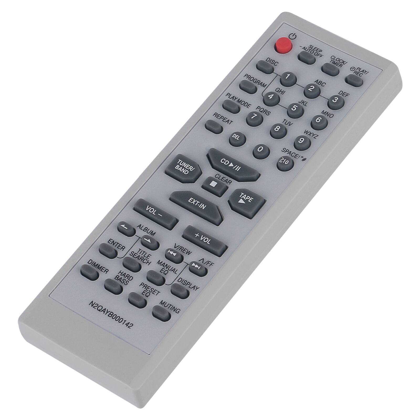 AUTO SLEEP OFF DISC TIMER 1 ORAY PROGRAM 2 ABC GHI DEF 4 3 PLAYMODE 5 JKL 7 PQRS MNO REPEAT TUV 6 8 DEL WXYZ 9 0 SPACE! TUNER/ CD>/II CD 210 BAND CLEAR EXT-IN TAPE VOL ALBUM + ENTER VOL TITLE H V/REW DIMMER SEARCH  A/FF MANUAL EQ BASS HARD PRESET DISPLAY EQ N2QAYB000142 MUTING