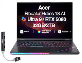 Acer - Upgraded - Predator Helios 18 AI Laptop 18 WQXGA (Intel Ultra 9- 275HX, 32GB DDR5, 2TB PCIe SSD, Win 11 Pro) w/USB Hub - Abyssal Black