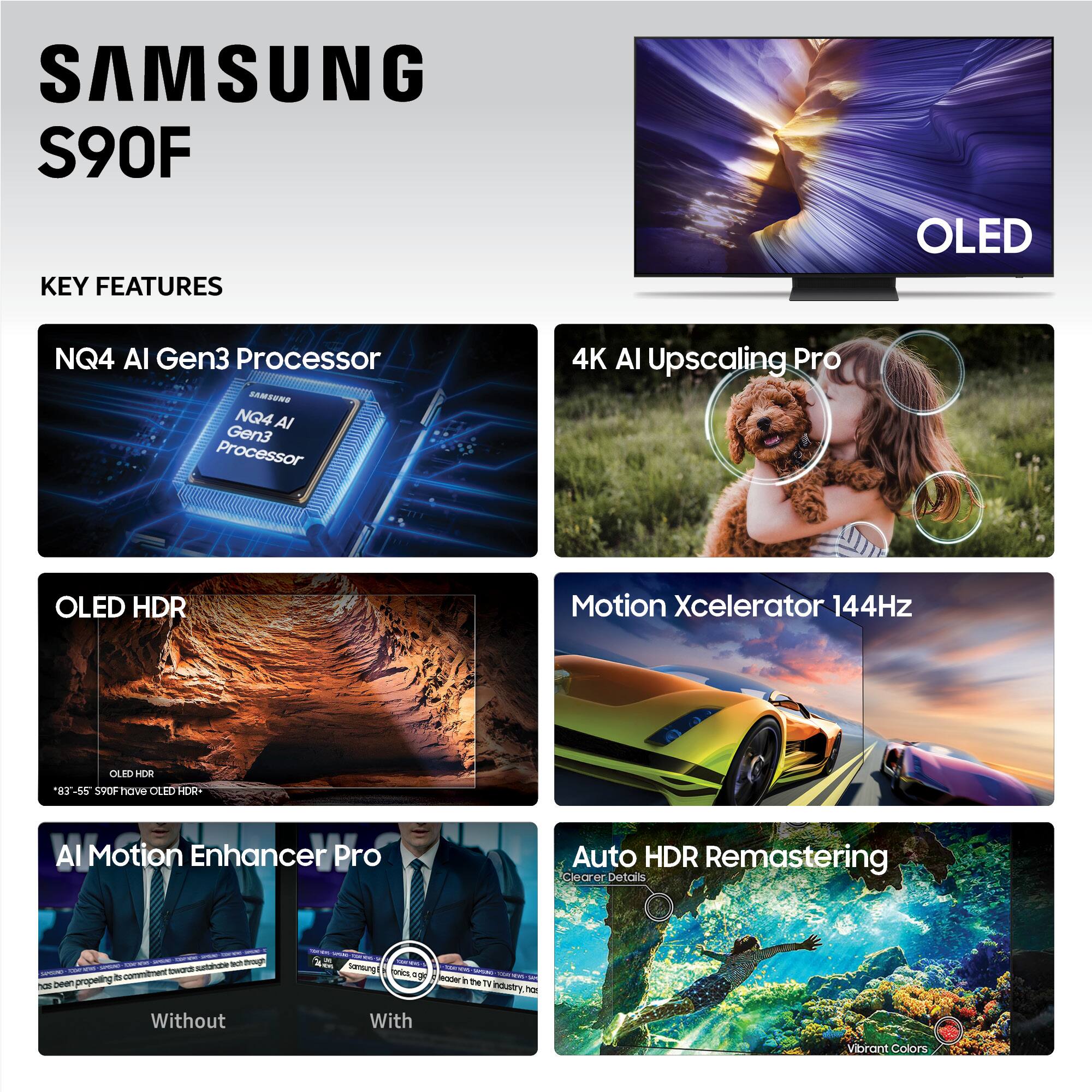 SAMSUNG S90F
KEY FEATURES
OLED
NQ4 AI Gen3 Processor
4K AI Upscaling Pro
OLED HDR
Motion Xcelerator 144Hz
OLED HDR *81-55
AI Motion Enhancer Pro
Auto HDR Remastering
Clearer Details
Without
With
vibrant Colors