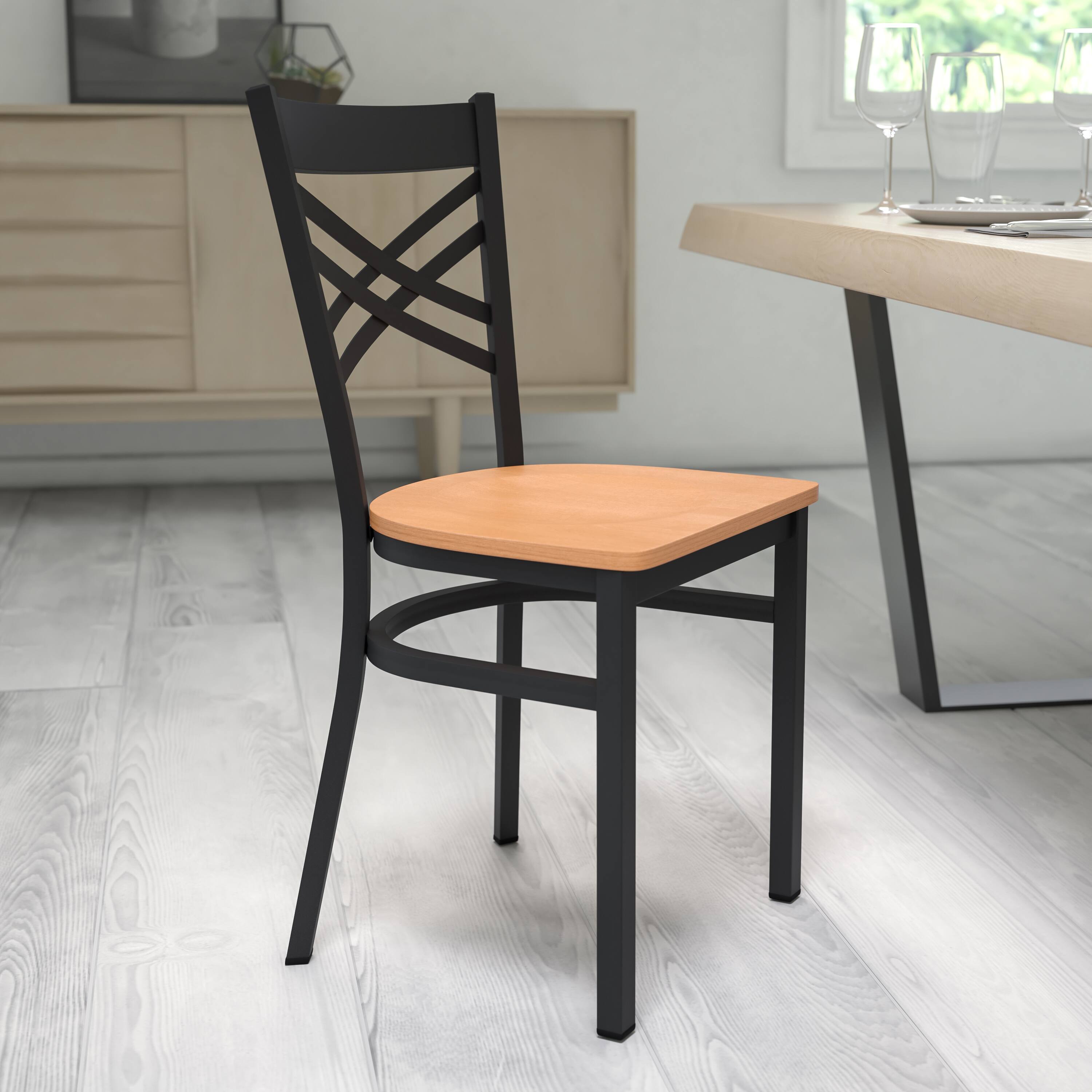 Alt View 1. Emma + Oliver - "X" Back Metal Restaurant Dining Chair - Natural Wood Seat/Black Metal Frame.