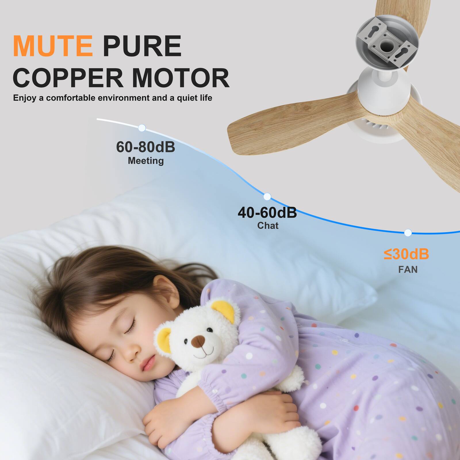 MUTE PURE COPPER MOTOR  
Enjoy a comfortable environment and a quiet life  

60-80dB  
Meeting  

40-60dB  
Chat  

<30dB  
FAN