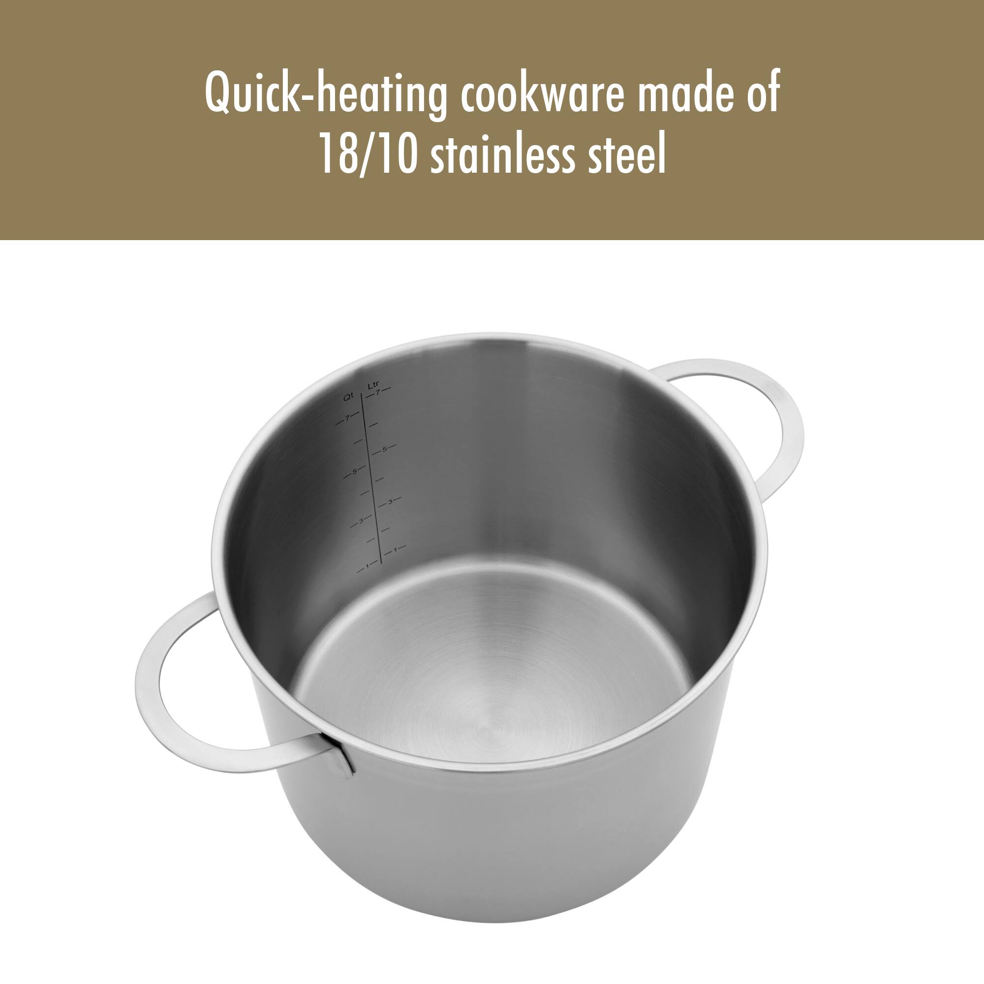 Quick-heating cookware made of 18/10 stainless steel
