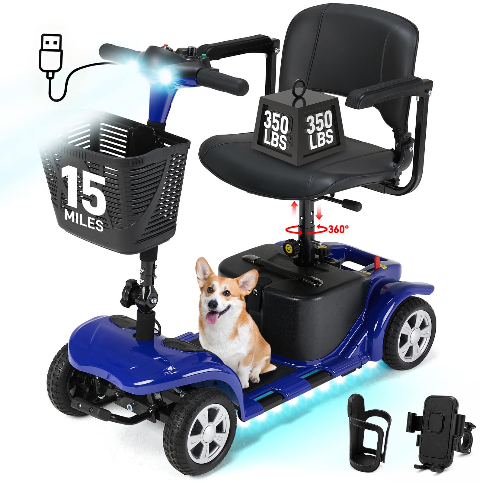 Hover Heart - 4 Wheel Electric Mobility Scooter for Adults & Seniors, Travel Scooter with Seat, Basket,Phone & Cup Holder - Blue