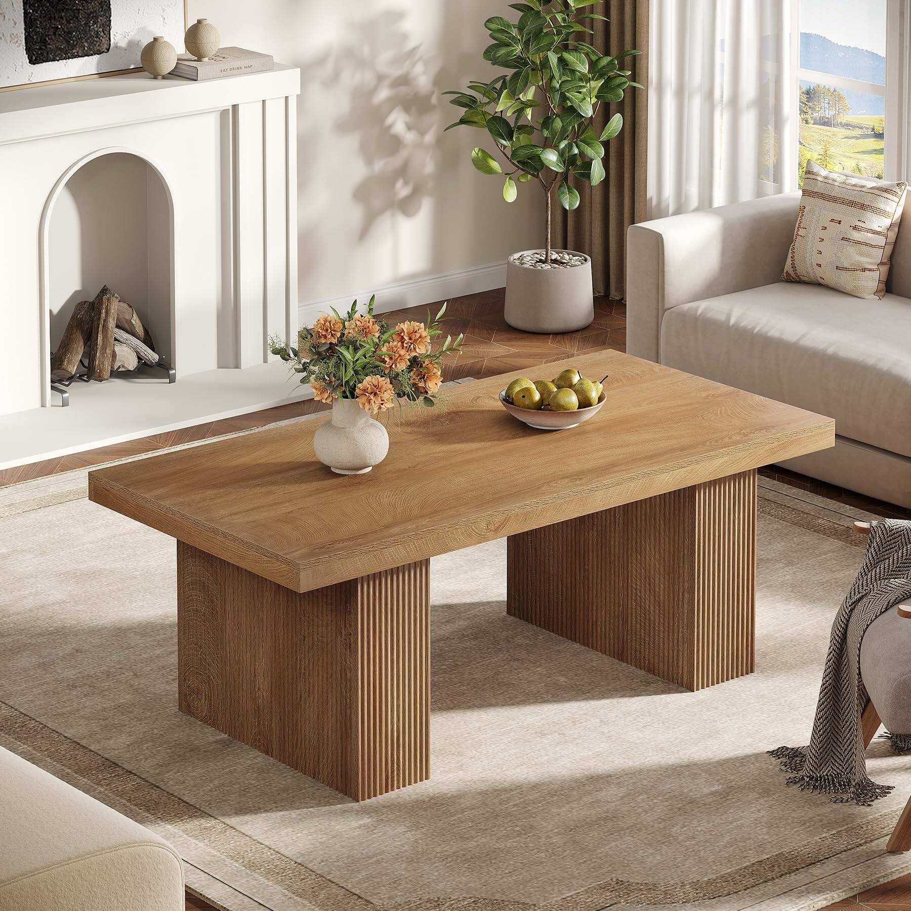 Alt View 4. Tribesigns - Farmhouse Coffee Table, 47.24 Inch Rectangle Center Table with Large Tabletop & Thick Base, Rustic Wooden Furniture for - Brown.
