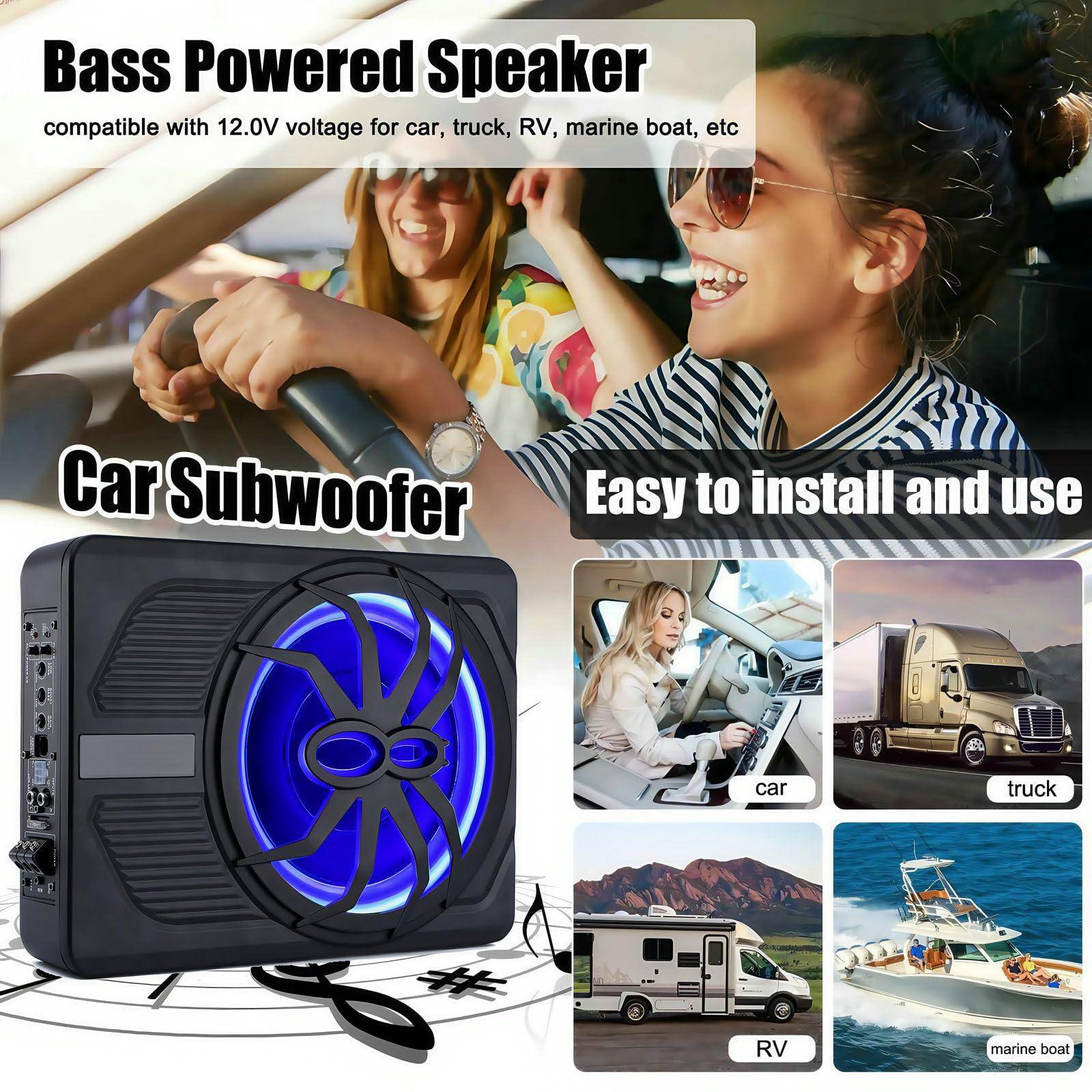 Bass Powered Speaker  
compatible with 12.0V voltage for car, truck, RV, marine boat, etc  

Car Subwoofer  

Easy to install and use  

car  
truck  
RV  
marine boat