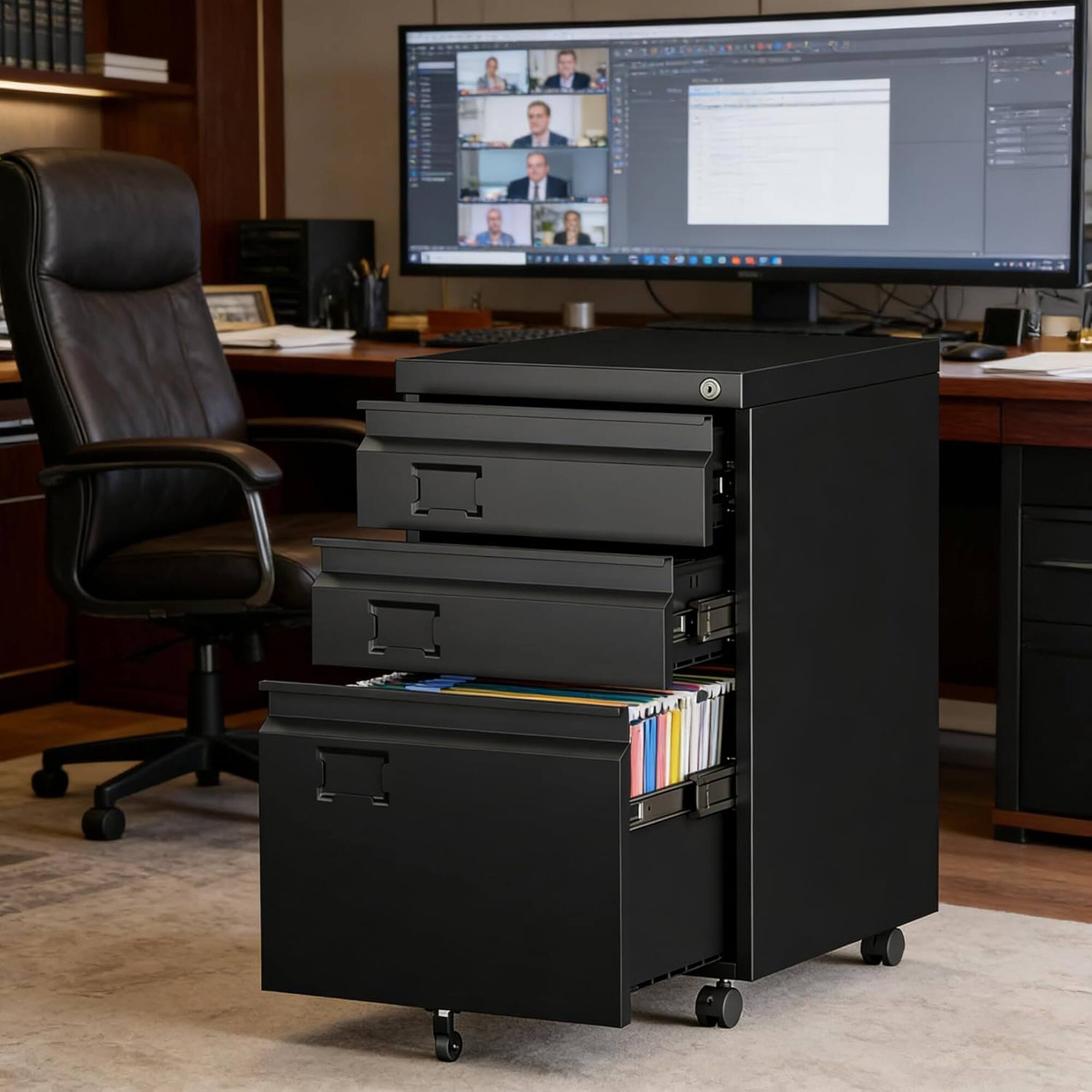 Alt View 4. Boyel Living - 3-Drawer Mobile Metal File Cabinet with Lock for Letter and A4 Files - Black.