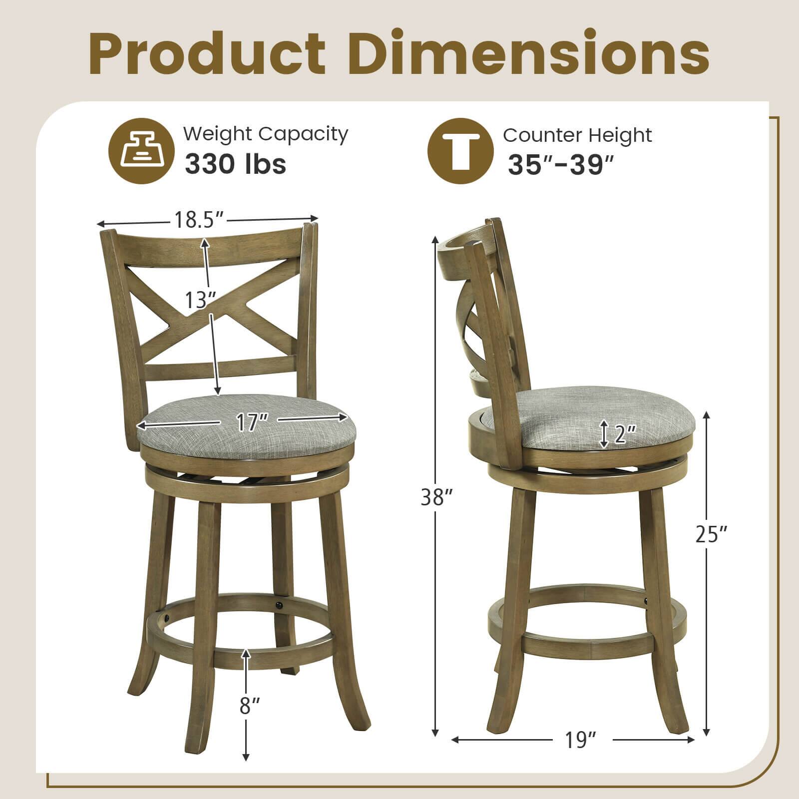 Product Dimensions  
Weight Capacity: 330 lbs  
Counter Height: 35"-39"  

Dimensions:  
- 18.5"  
- 13"  
- 17"  
- 8"  
- 38"  
- 25"  
- 19"