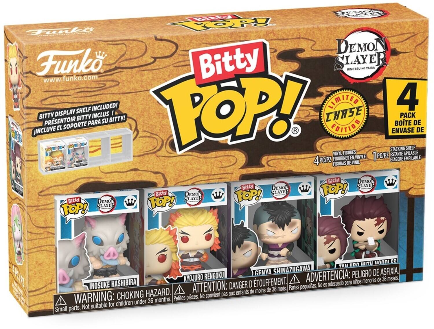 Funko  
www.funko.com  

Bitty POP!  
Demon Slayer Kimetsu no Yaiba  

Bitty Display Shelf Included!  
Presentoir Bitty Inclus!  
Incluye el soporte para su Bitty!  

Limited Chase Edition  
Pack de 4  
4 PC/PZ  

Vinyl Figures  
Figurines en Vinyle  
Figuras de Vinil  

Inosuke Hashibira  
Kyojuro Rengoku  
Genya Shinazawa  
Tanjiro with Nodoka  

Warning: Choking Hazard  
Attention: Danger d'étouffement  
Advertencia: Peligro de asfixia  
Small parts. Not suitable for children under 36 months.  
Petites pièces. Ne convient pas aux enfants de moins de 36 mois.