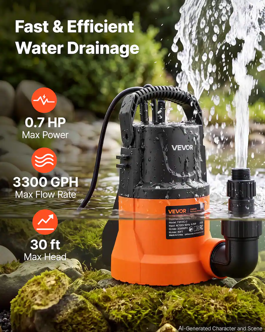 Sub Pump Pool VEVOR Submersible Water Pump 0.7 HP 3300 GPH Portable Utility Sump Pump ...