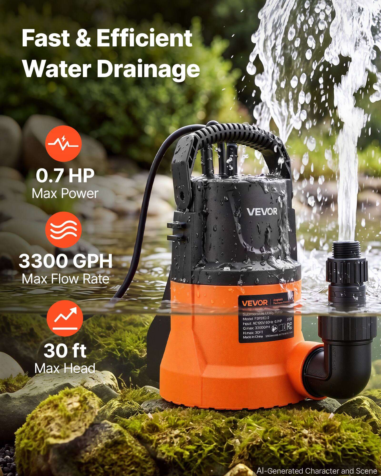Fast & Efficient Water Drainage

0.7 HP Max Power

VEVOR

3300 GPH Max Flow Rate

30 ft Max Head

Upgrade VEVOR Submersible LOTE Pump Model FSP31C-2 FXB AC120V 60Hz 0.7HP Input 0 max 3300GPM H max 30FT Made in China

NPT 1-1/2

AI-Generated Character and Scene