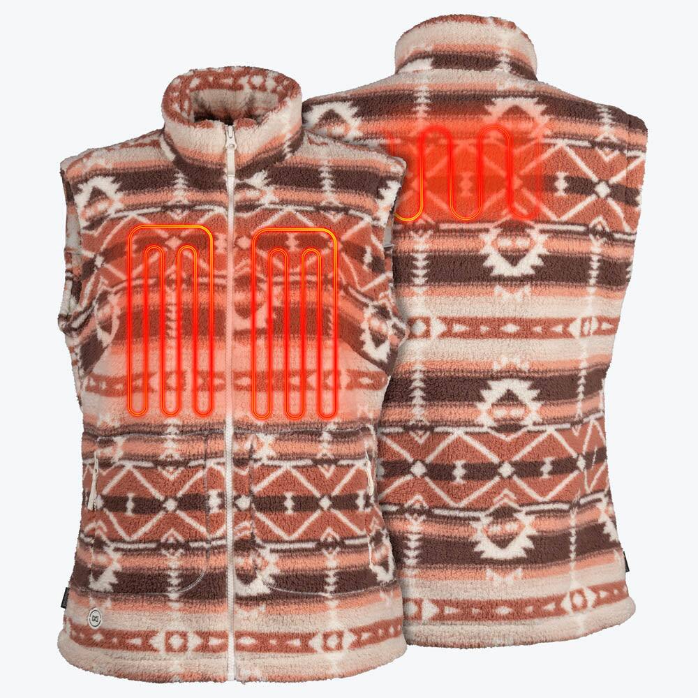 Alt View 1. Mobile Warming - Women's Upland Sherpa Long Printed Heated Vest - Clay Aztec.