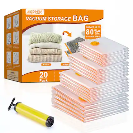 AGPEEK
VACUUM STORAGE BAG
CREATE UP TO 80% EXTRA STORAGE SPACE
20 Pack
Before
After
50