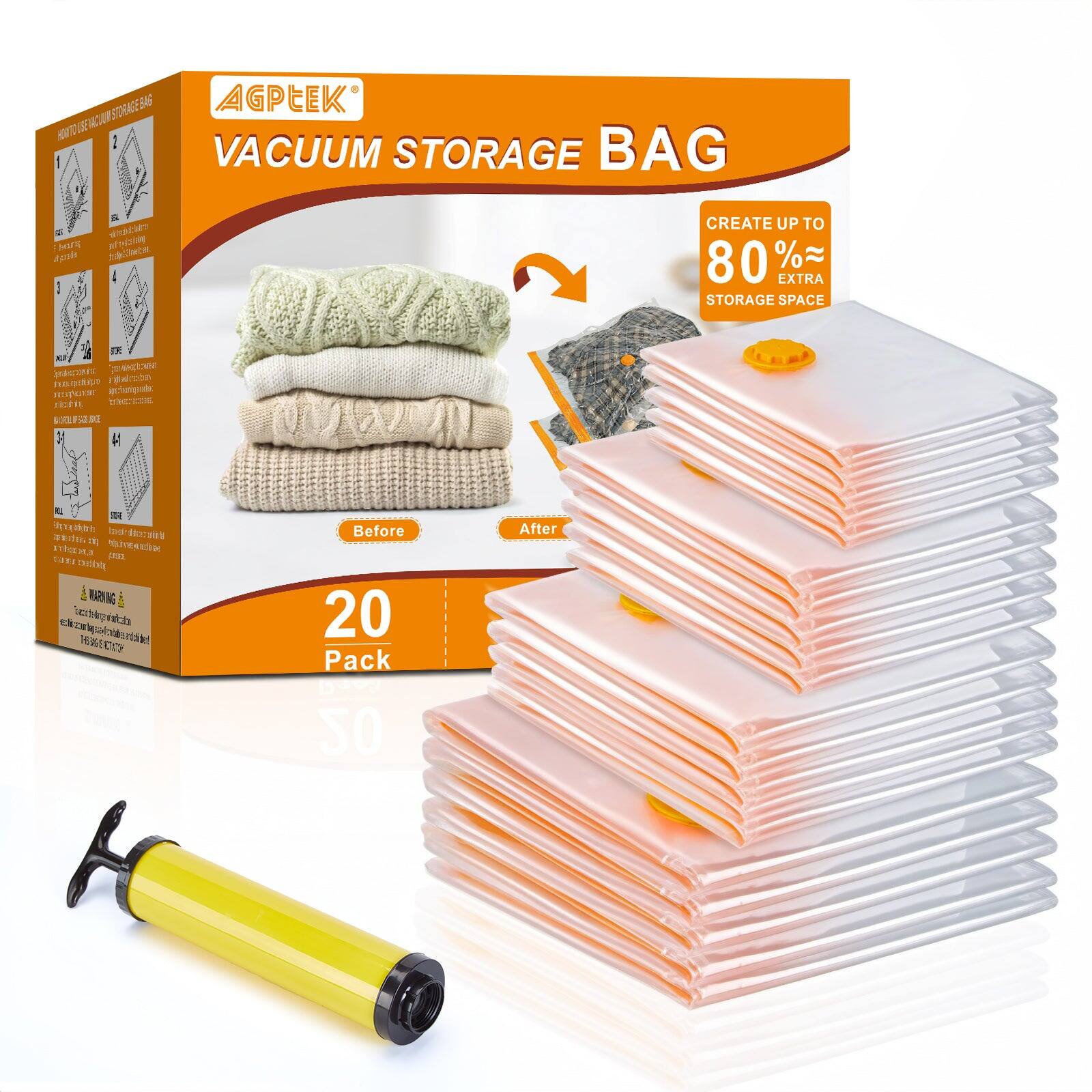 AGPEEK  
VACUUM STORAGE BAG  

CREATE UP TO 80% EXTRA STORAGE SPACE  

20 Pack  

Before  
After  

50