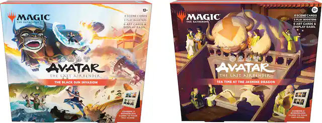 MAGIC THE GATHERING 13+ 6 SCENE CARDS 3 PLAY BOOSTERS 6 ART CARDS & DISPLAY EASEL MAGIC THE GATHERING 13+ 6 SCENE CARDS 3 PLAY BOOSTERS 5 ART CARDS & DISPLAY EASEL AVATAR THE LAST AIRBENDER. AVATAR THE LAST AIRBENDER. THE BLACK SUN INVASION TEA TIME AT THE JASMINE DRAGON COMBINE BORDERLESS CARDS TO MAKE THIS SCENE! COMBINE BORDERLESS CARDS TO MAKE THIS SCENE!