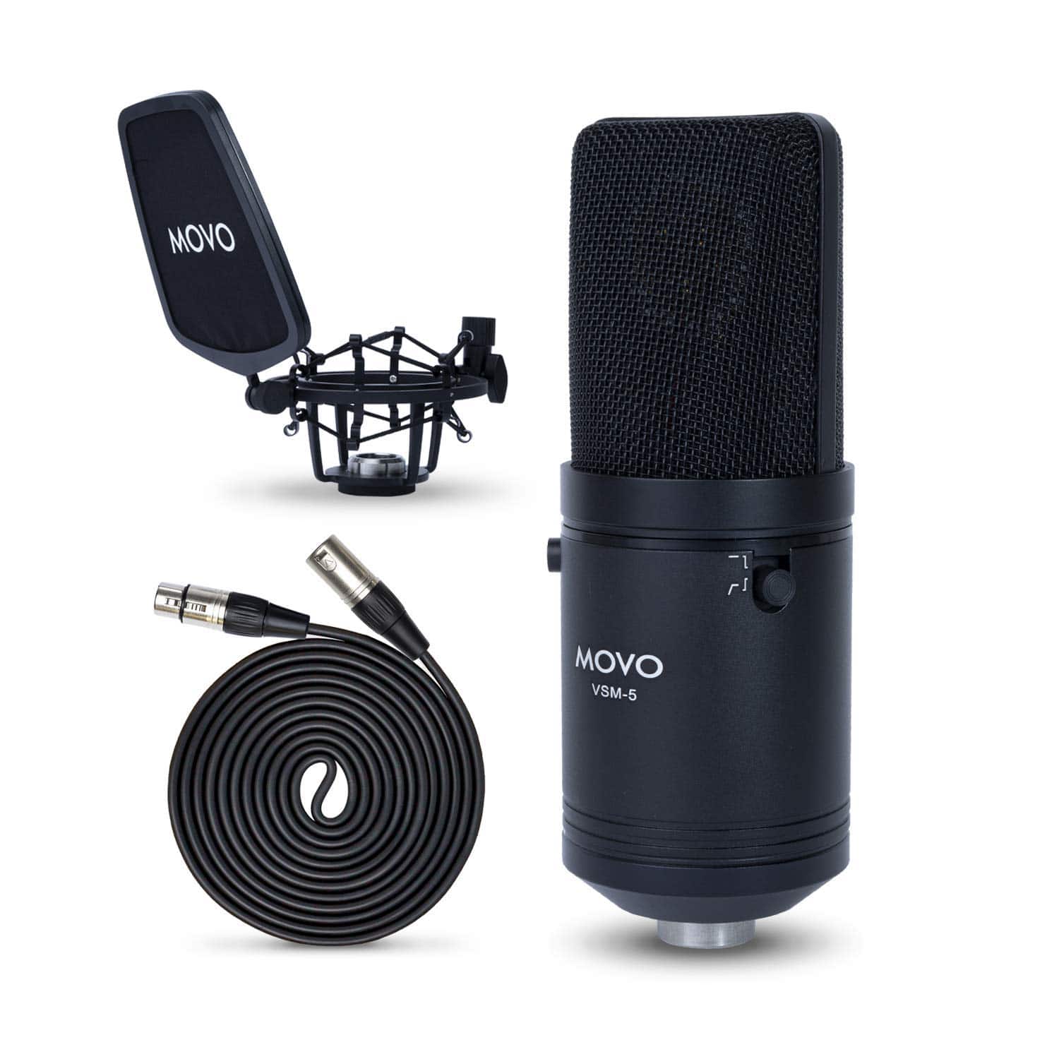 MOVO - VSM-5 Large Diaphragm XLR Studio Cardioid Condenser Microphone with Shock Mount, Pop Filter, and XLR Cable