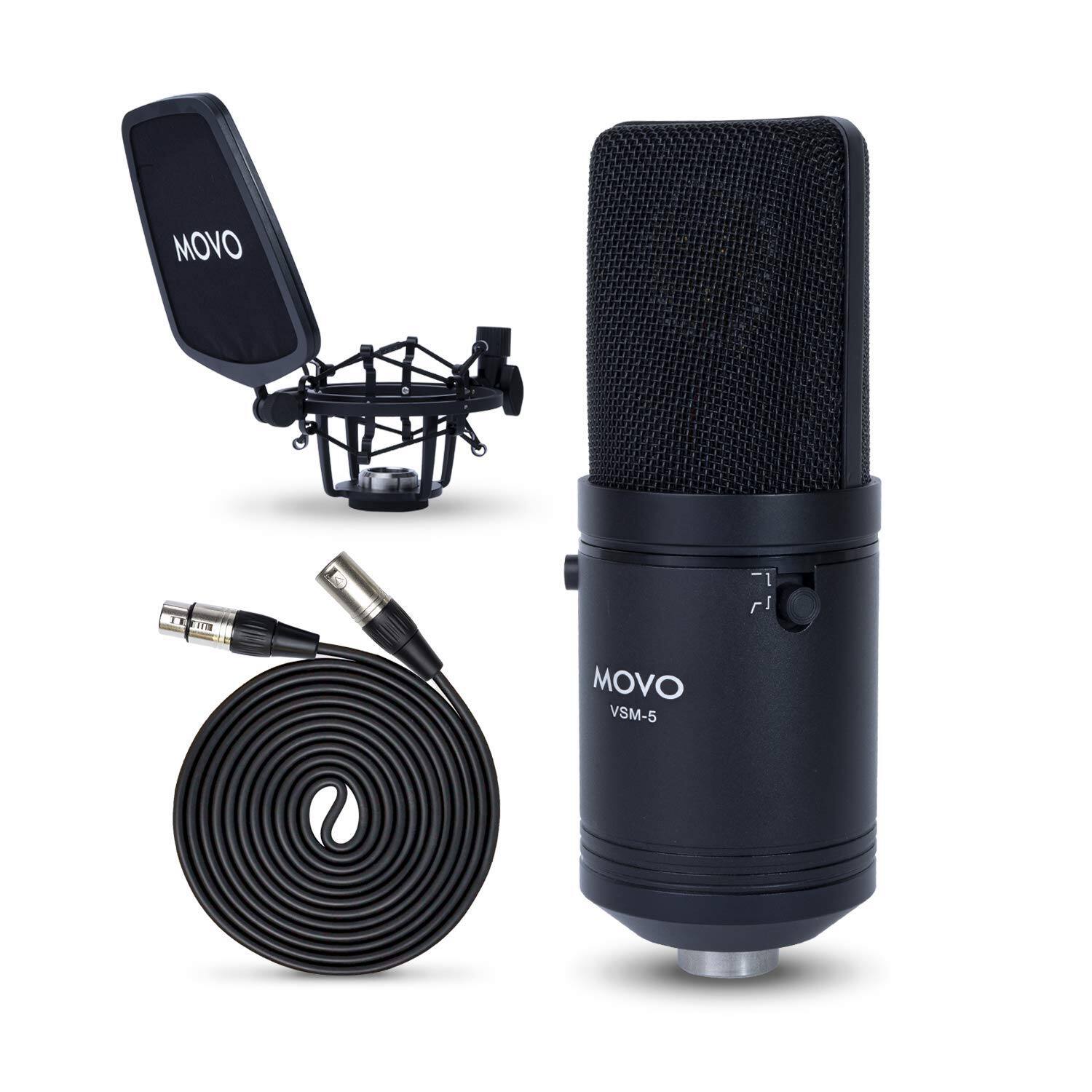 MOVO - VSM-5 Large Diaphragm XLR Studio Cardioid Condenser Microphone with Shock Mount, Pop Filter, and XLR Cable