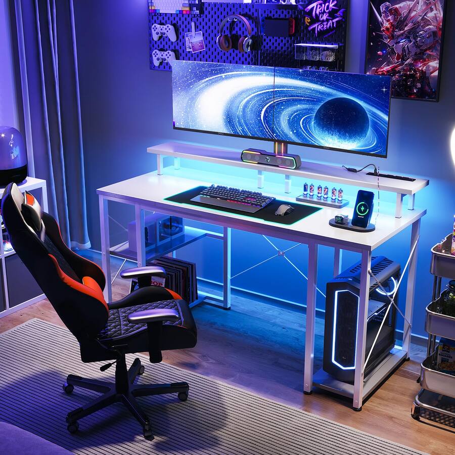 Hirose Alice Gaming Desk With Led Lights & Power Outlets Computer ...