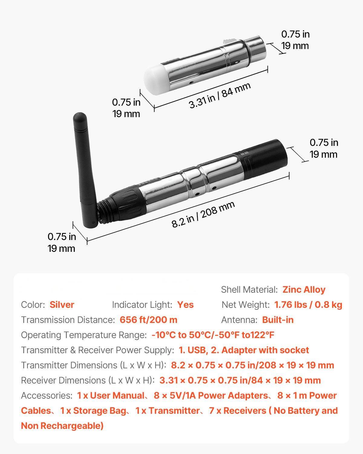 Sure, here is the corrected and grouped text:

---

**Shell Material:** Zinc Alloy  
**Color:** Silver  
**Indicator Light:** Yes  
**Net Weight:** 1.76 lbs / 0.8 kg  
**Antenna:** Built-in  
**Transmission Distance:** 656 ft / 200 m  
**Operating Temperature Range:** -10°C to 50°C / -50°F to 122°F  
**Transmitter & Receiver Power Supply:** 1. USB, 2. Adapter with socket  

**Transmitter Dimensions (L x W x H):** 8.2 in x 0.75 in x 0.75 in / 208 mm x 19 mm x 19 mm  
**Receiver Dimensions (L x W x H):** 3.31 in x 0.75 in x 0.75 in / 84 mm x 19 mm x 19 mm  

**Accessories:**  
- 1 x User Manual  
- 8 x 5V/1A Power Adapters  
- 8 x 1m Power Cables  
- 1 x Storage Bag  
- 