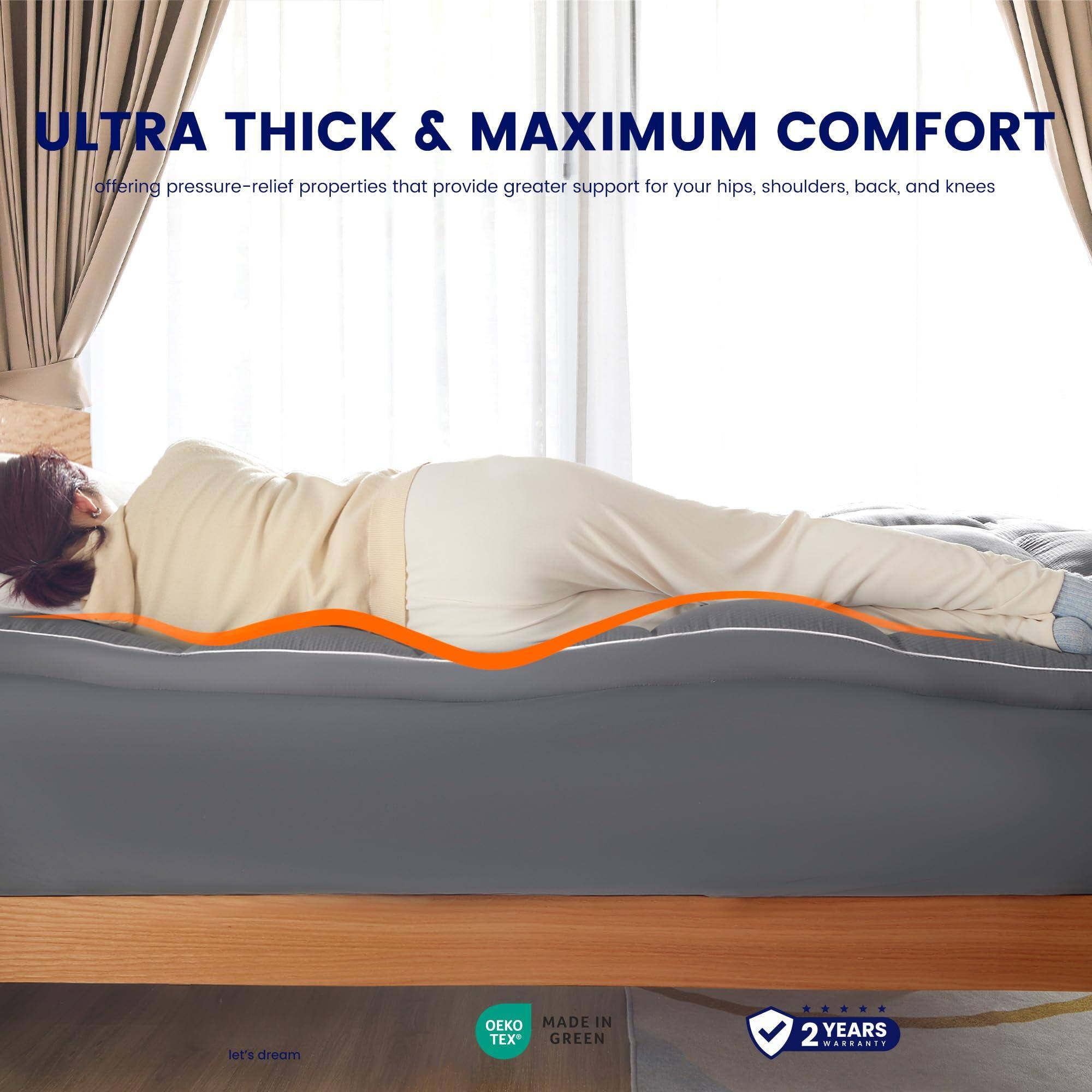ULTRA THICK & MAXIMUM COMFORT  
offering pressure-relief properties that provide greater support for your hips, shoulders, back, and knees  

let's dream  

OEKO TEX  
MADE IN GREEN  

2 YEARS WARRANTY