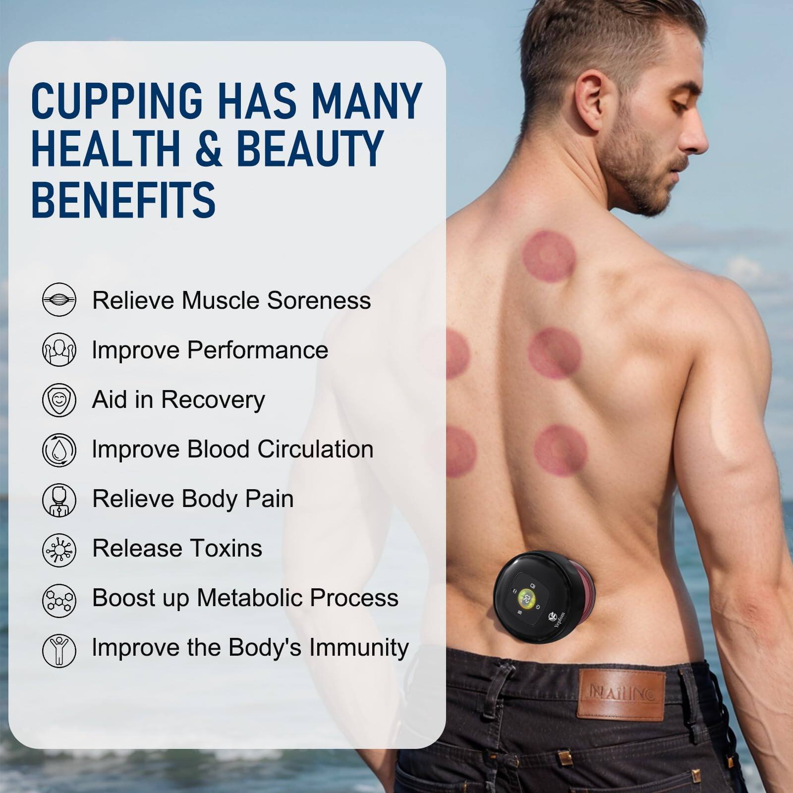 CUPPING HAS MANY HEALTH & BEAUTY BENEFITS

- Relieve Muscle Soreness
- Improve Performance
- Aid in Recovery
- Improve Blood Circulation
- Relieve Body Pain
- Release Toxins
- Boost up Metabolic Process
- Improve the Body's Immunity