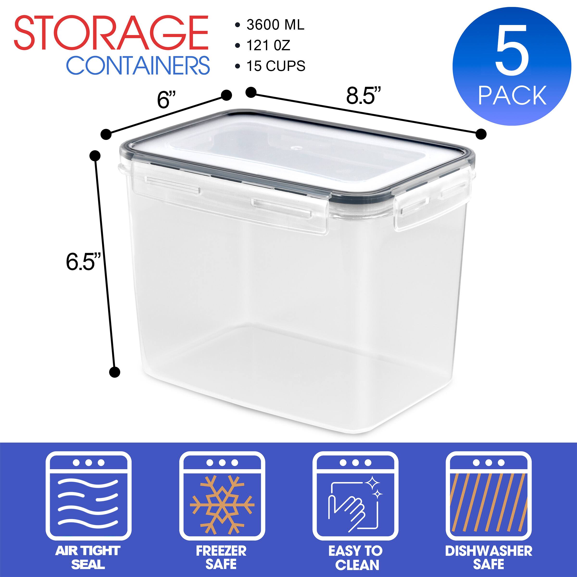 - 3600 ML
- 121 OZ
- 15 CUPS
- 6" x 6.5" x 8.5"
- 5 PACK
- AIR TIGHT SEAL
- FREEZER SAFE
- EASY TO CLEAN
- DISHWASHER SAFE
