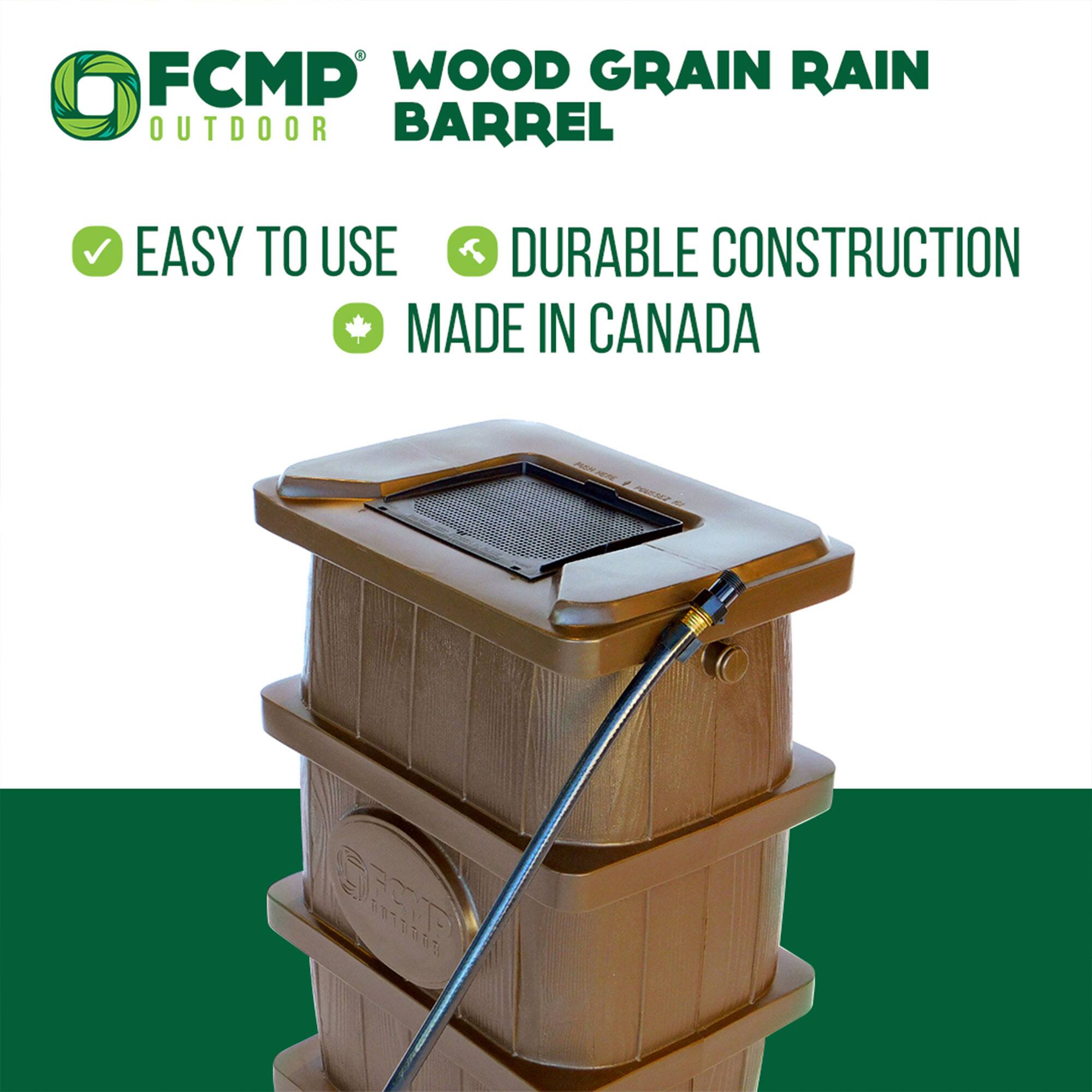 FCMP WOOD GRAIN RAIN BARREL  
EASY TO USE  
DURABLE CONSTRUCTION  
MADE IN CANADA