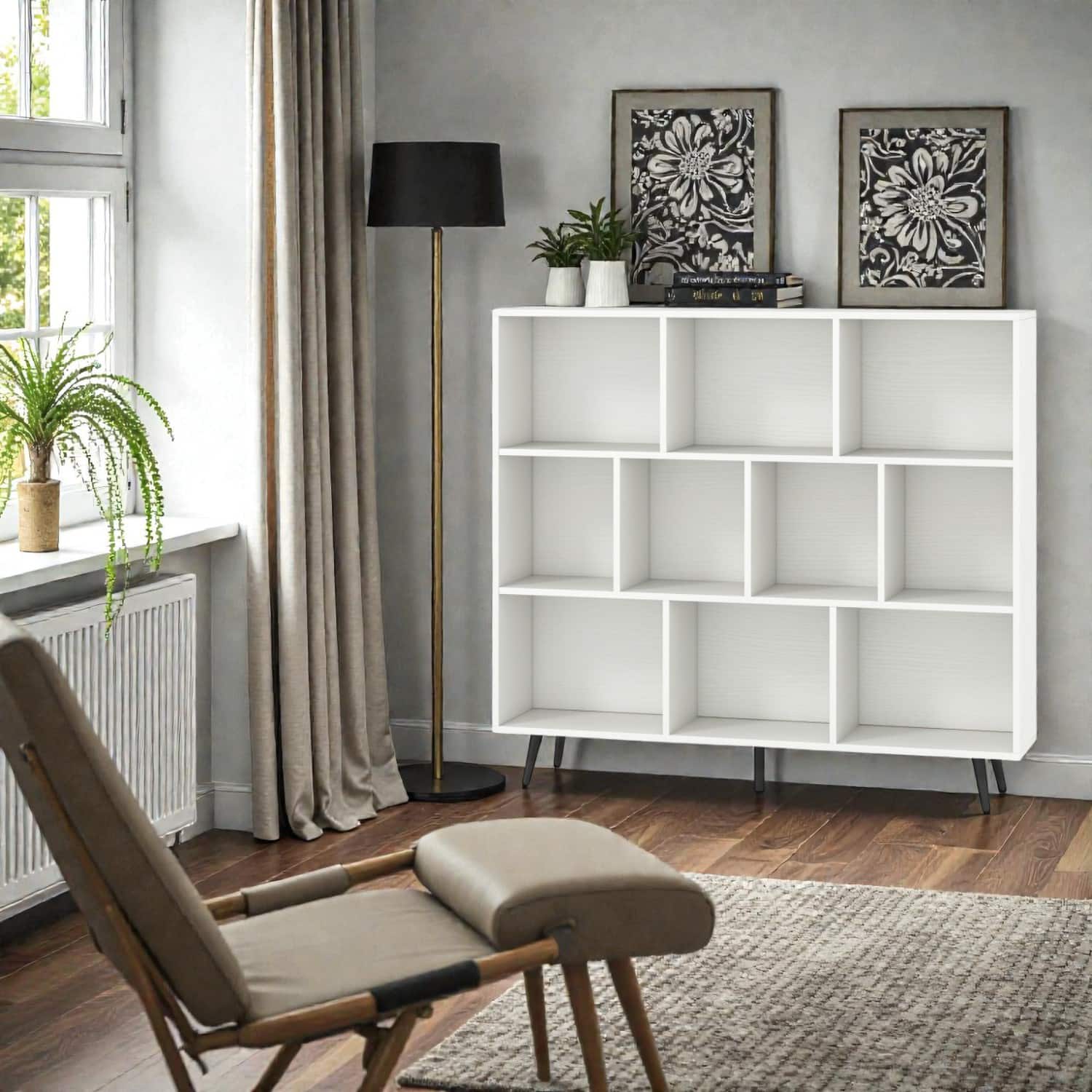 Hivvago - Modern Geometric Bookshelf with Metal Base - 10 cubes ( 47 inches ) - White + Black