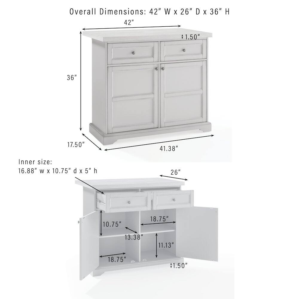 Overall Dimensions: 42" W x 26" D x 36" H  
Inner size: 16.88" W x 10.75" D x 5" H