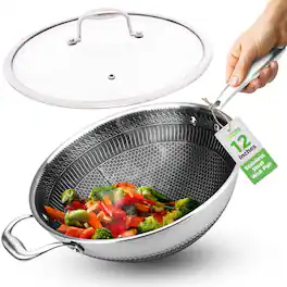 NutriChef - 12" Wok, Induction-Ready, Non-Stick, Scratch-Resistant Honeycomb Pattern - NCS3PWOK - Stainless Steel