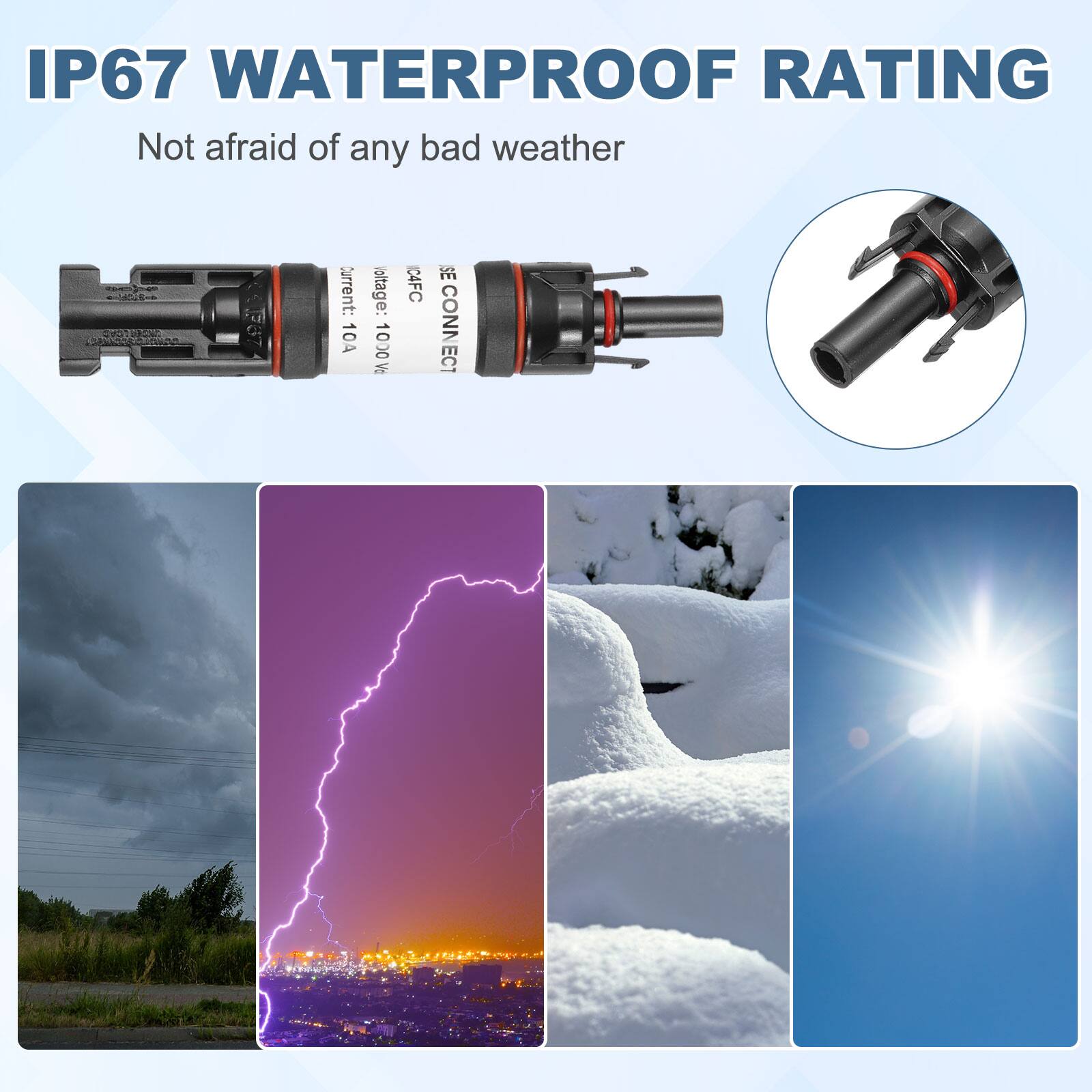 IP67 WATERPROOF RATING  
Not afraid of any bad weather  

Current: 10A  
Voltage: 1000V  
C4FC  
SE CONNECT