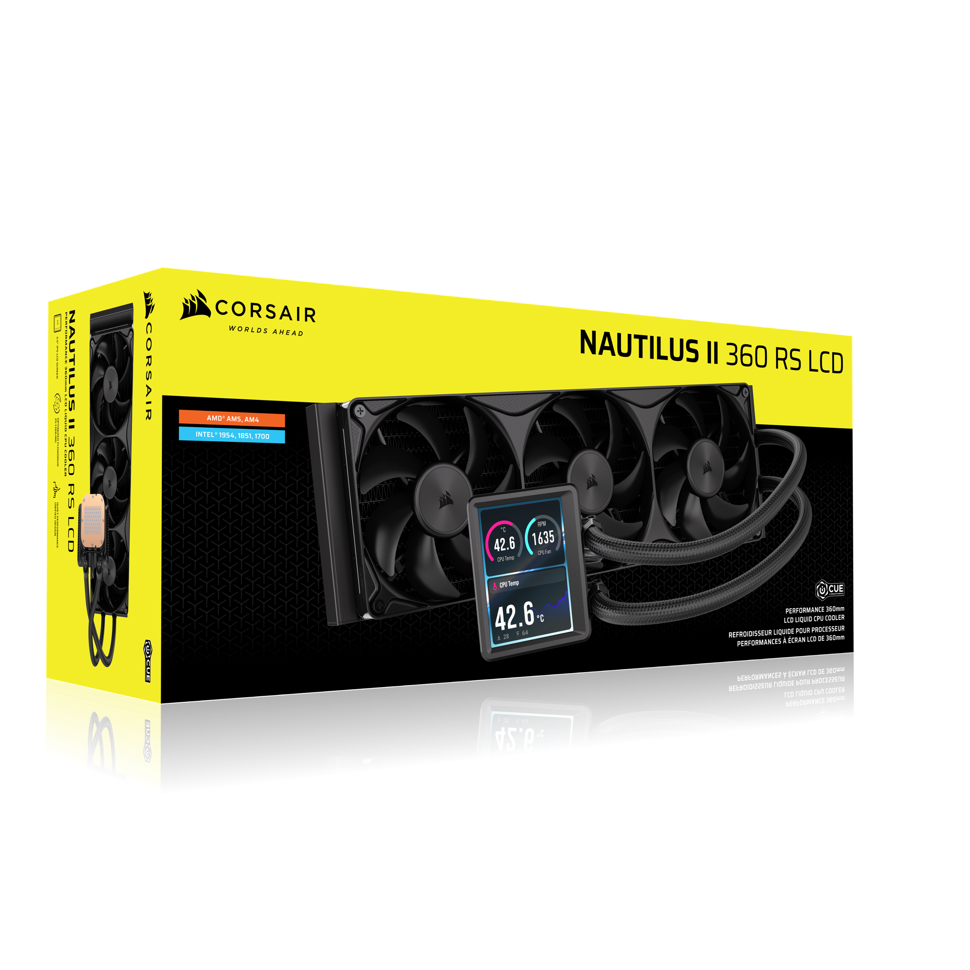 NAUTILUS II 360 RS LCD  
CORSAIR  
WORLDS AHEAD  
AMD AM5, AM4  
INTEL 1954, 1851, 1700  

CUE  
CPU Temp 42.6°C  
F 64  
28  

CUE PERFORMANCE  
360mm LCD LIQUID CPU COOLER  
LIQUIDE POUR PROCESSEUR REFROIDISSEUR 360mm A CRAN LCD DE PERFORMANCES