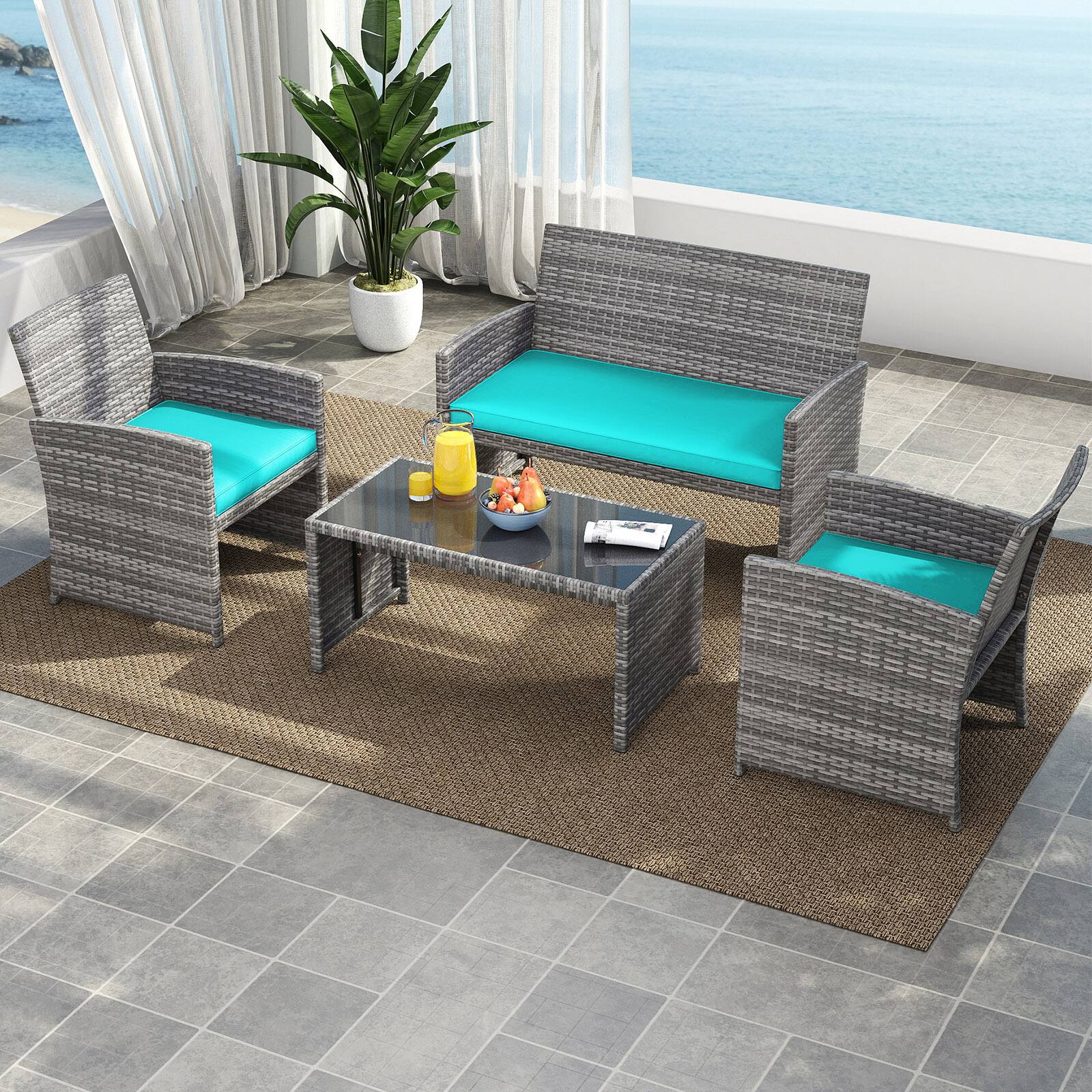 Alt View 3. Gymax - Gymax 4PCS Patio Outdoor Conversation Set w/Seat Cushions & Tempered Glass Tabletop Tuurquoise - Turquoise.