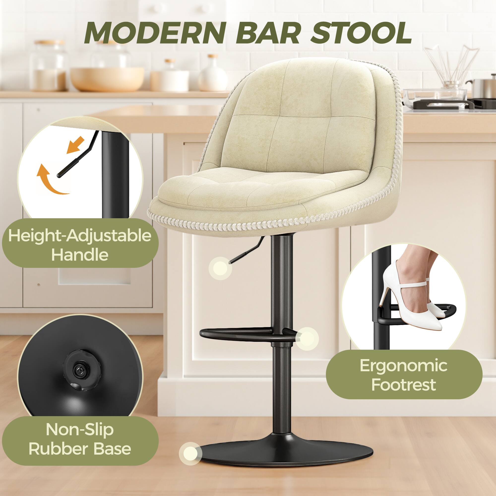 MODERN BAR STOOL

- Height-Adjustable Handle
- Ergonomic Footrest
- Non-Slip Rubber Base