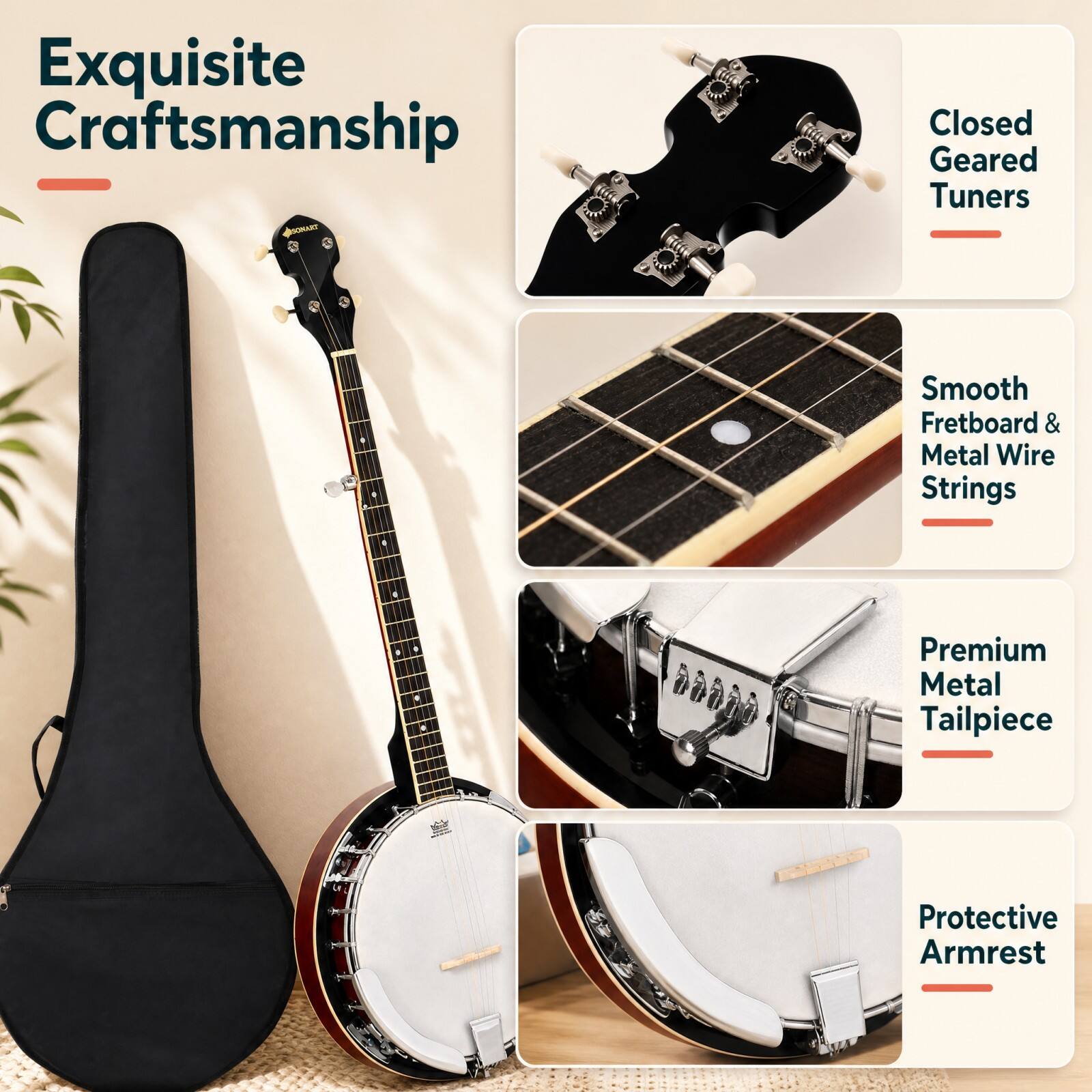 Exquisite Craftsmanship

- Closed Geared Tuners
- Smooth Fretboard & Metal Wire Strings
- Premium Metal Tailpiece
- Protective Armrest