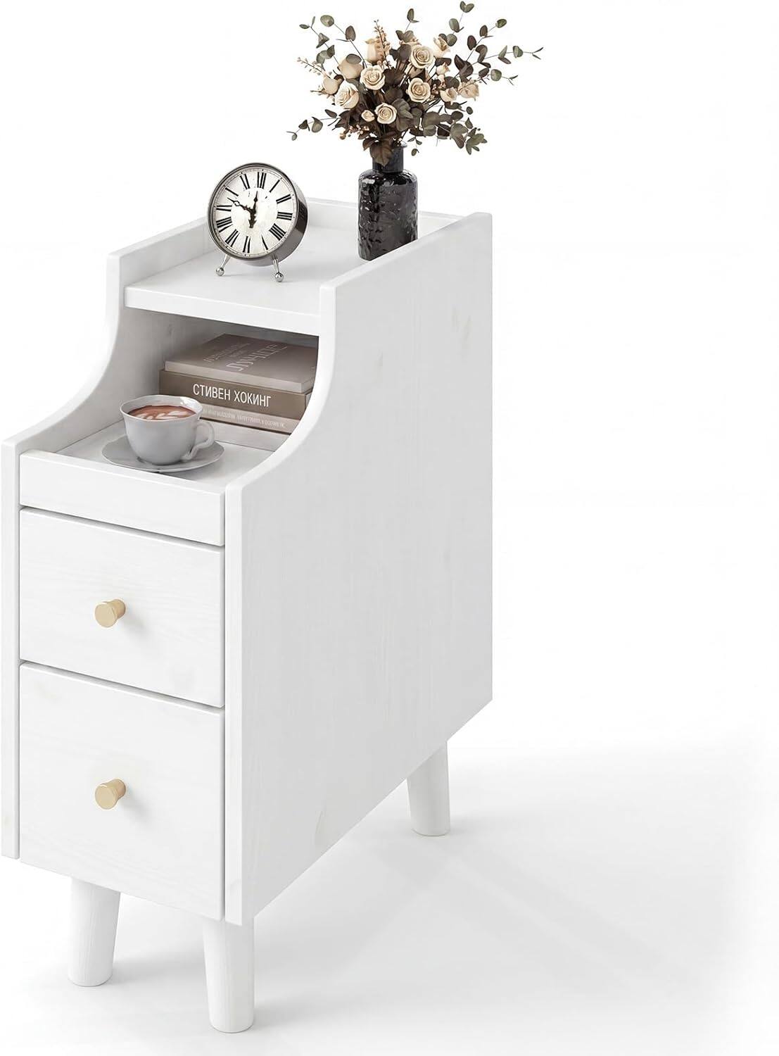 Gymax - Narrow Nightstand Solid Wood End Table w/ Pull-out Tray & 2 Storage Drawers Antique - White price history on PriceWatchPro