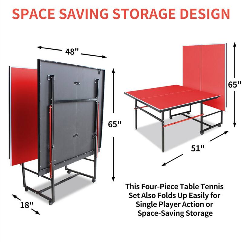 SPACE SAVING STORAGE DESIGN

48" 65" 65" 51" 18"

This Four-Piece Table Tennis Set Also Folds Up Easily for Single Player Action or Space-Saving Storage