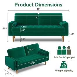 Vipbear - 68"Loveseat Couch Sofa Velvet Mid Century Modern Sofa Couch with Solid Wood Legs,Green - Green