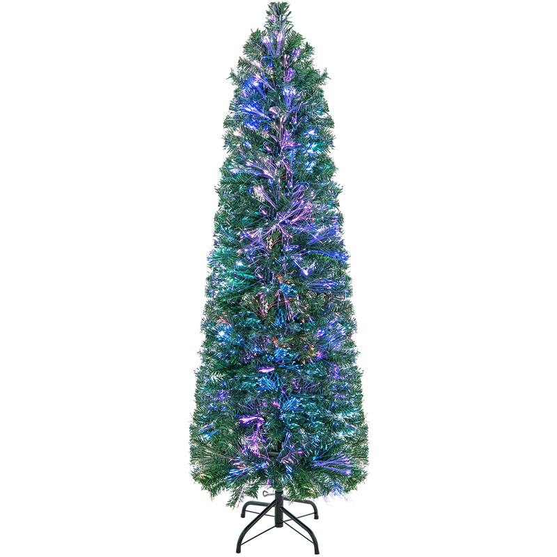 Angle. WELLFOR - 5ft Pre‑lit Artificial Christmas Tree, Colorful Fiber Optic Pencil Xmas Tree with 361 Branch Tips and Metal Stand - Green.