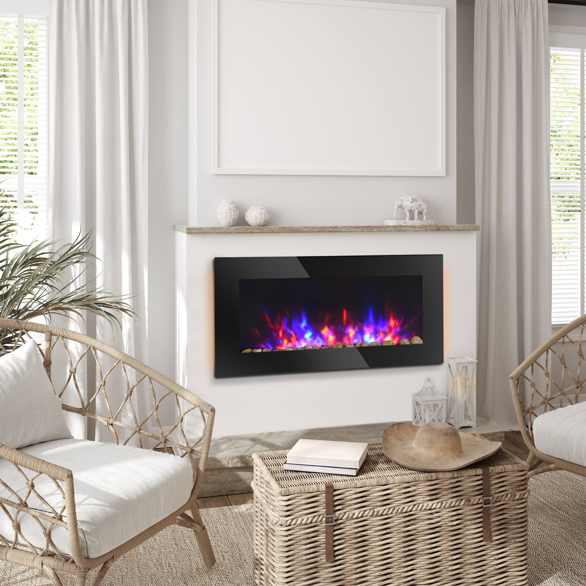 Alt View 5. Homcom - 36" 1450W Electric Wall-Mounted Fireplace with Flame Effect, 7 Color Background Light and Side Light.