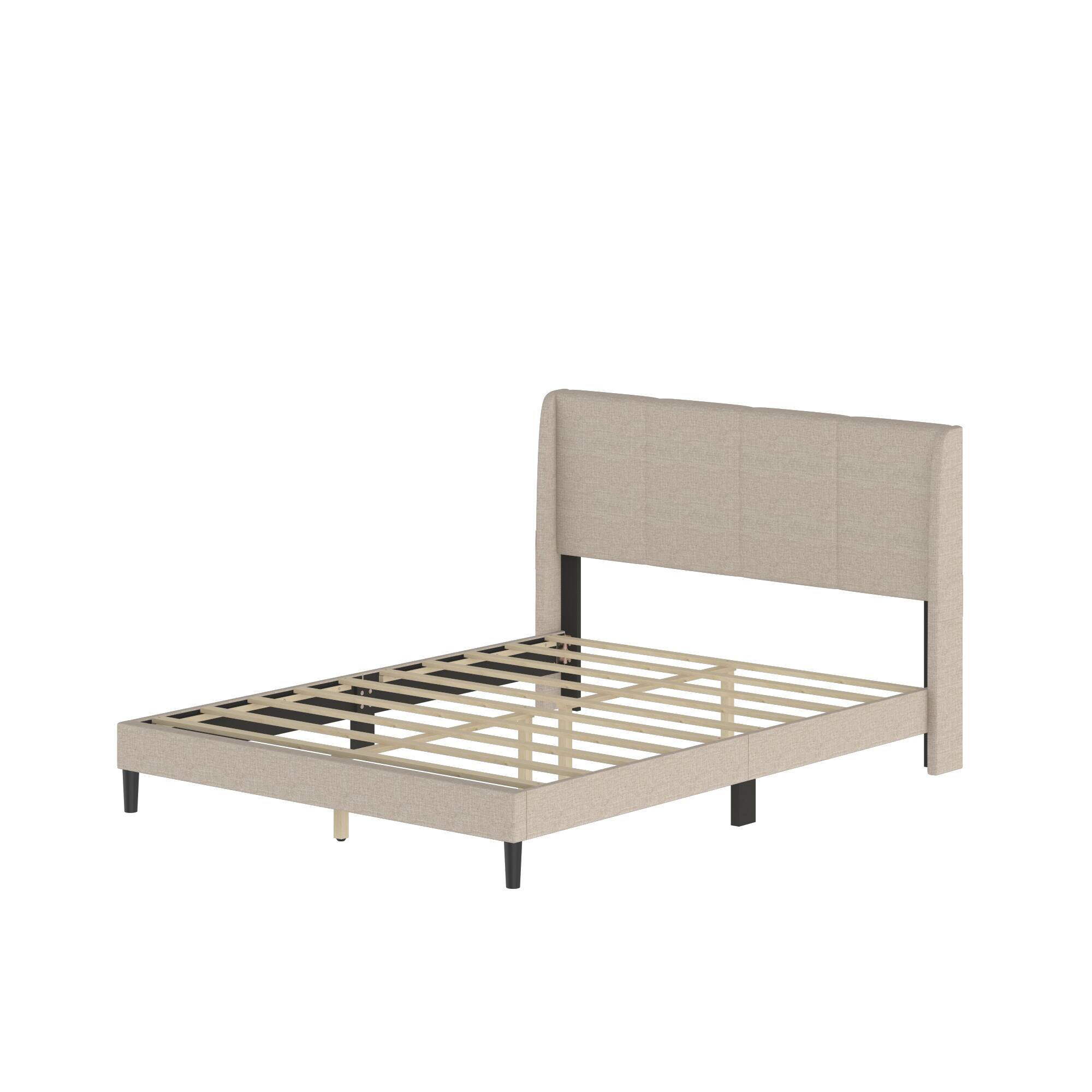 Left. Famapy - Famapy Upholstered Bed Frame: Plush Linen Headboard & Reinforced 10 - Slat Support - Off-White.