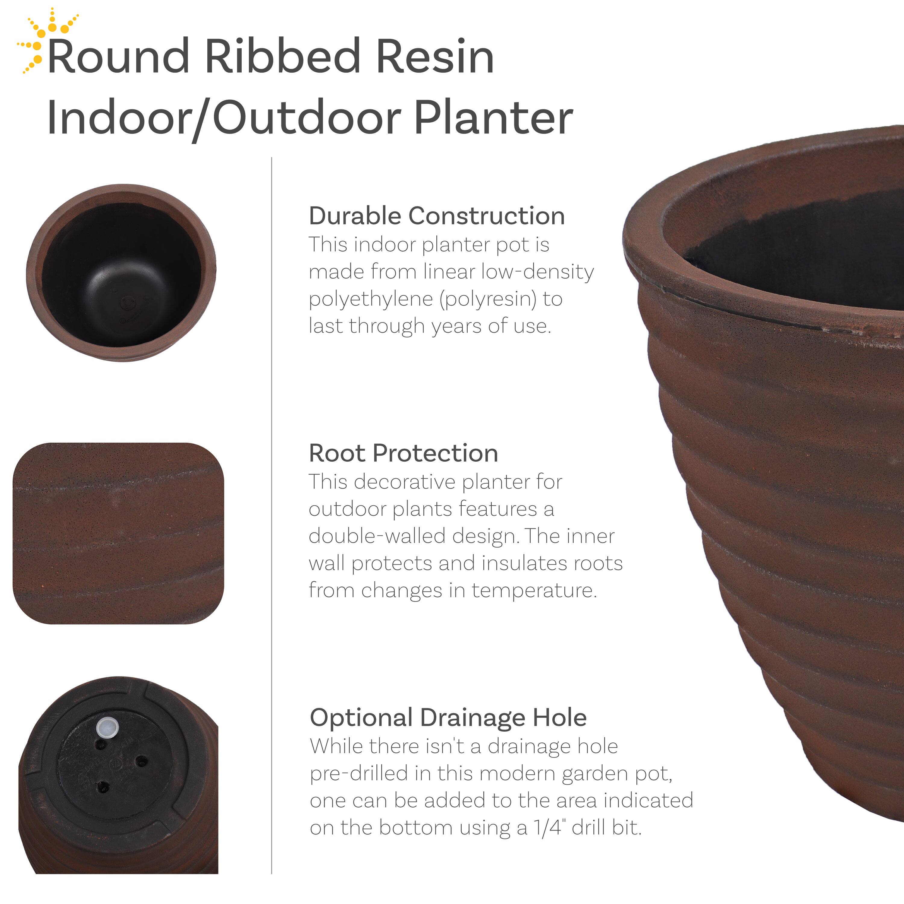 Round Ribbed Resin Indoor/Outdoor Planter

Durable Construction
This indoor planter pot is made from linear low-density polyethylene (polyresin) to last through years of use.

Root Protection
This decorative planter for outdoor plants features a double-walled design. The inner wall protects and insulates roots from changes in temperature.

Optional Drainage Hole
While there isn't a drainage hole pre-drilled in this modern garden pot, one can be added to the area indicated on the bottom using a 1/4" drill bit.