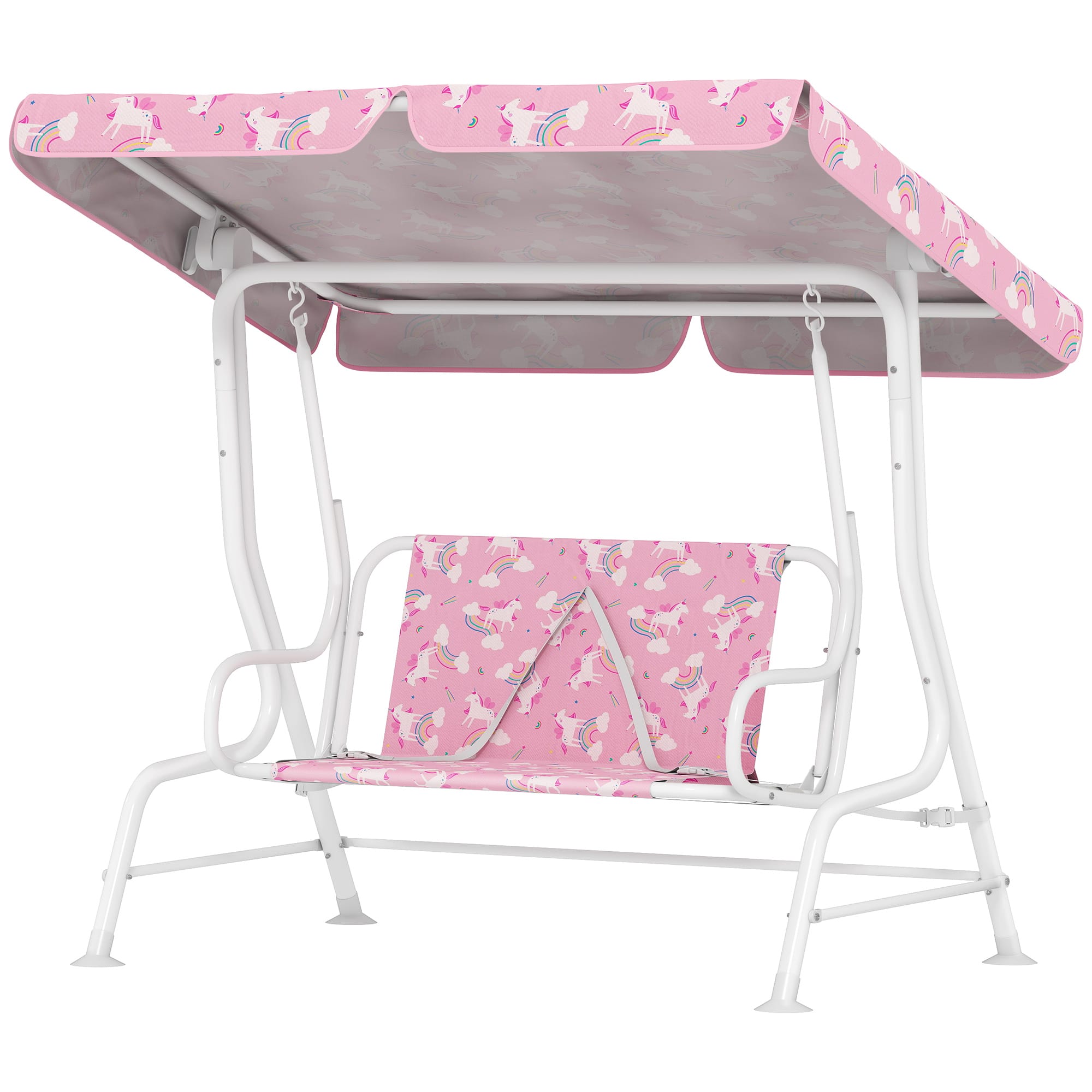 Qaba - Kids Porch Swing, 2-Seater Patio Swing Bench with Safety Belts, Adjustable Canopy for Backyard - Pink