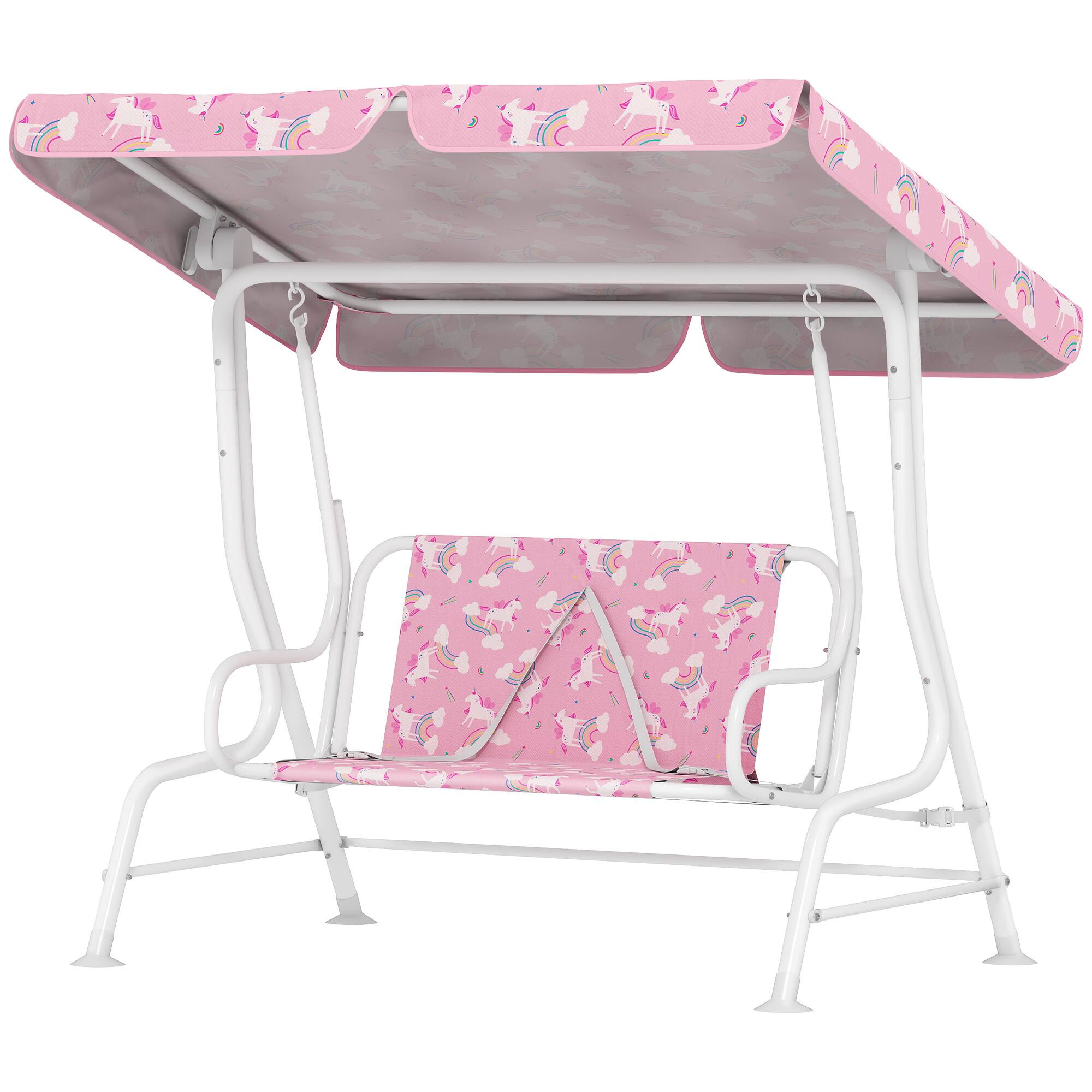 Qaba - Kids Porch Swing, 2-Seater Patio Swing Bench with Safety Belts, Adjustable Canopy for Backyard - Pink