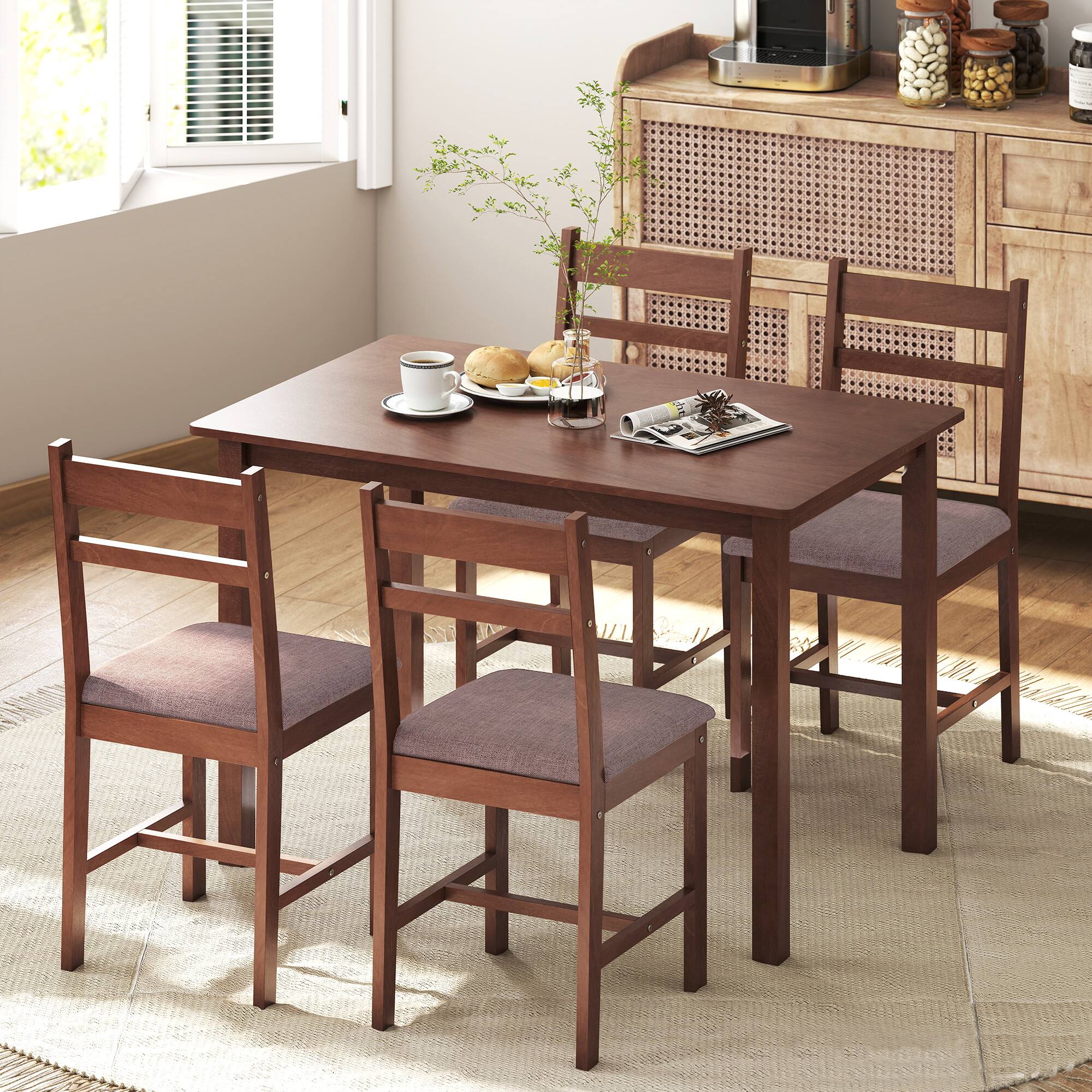 Alt View 8. Homcom - Solid Wood Dining Table Set for 4, Farmhouse Kitchen Table with Upholstered Chairs for Dining Room - Light Brown, Brown.