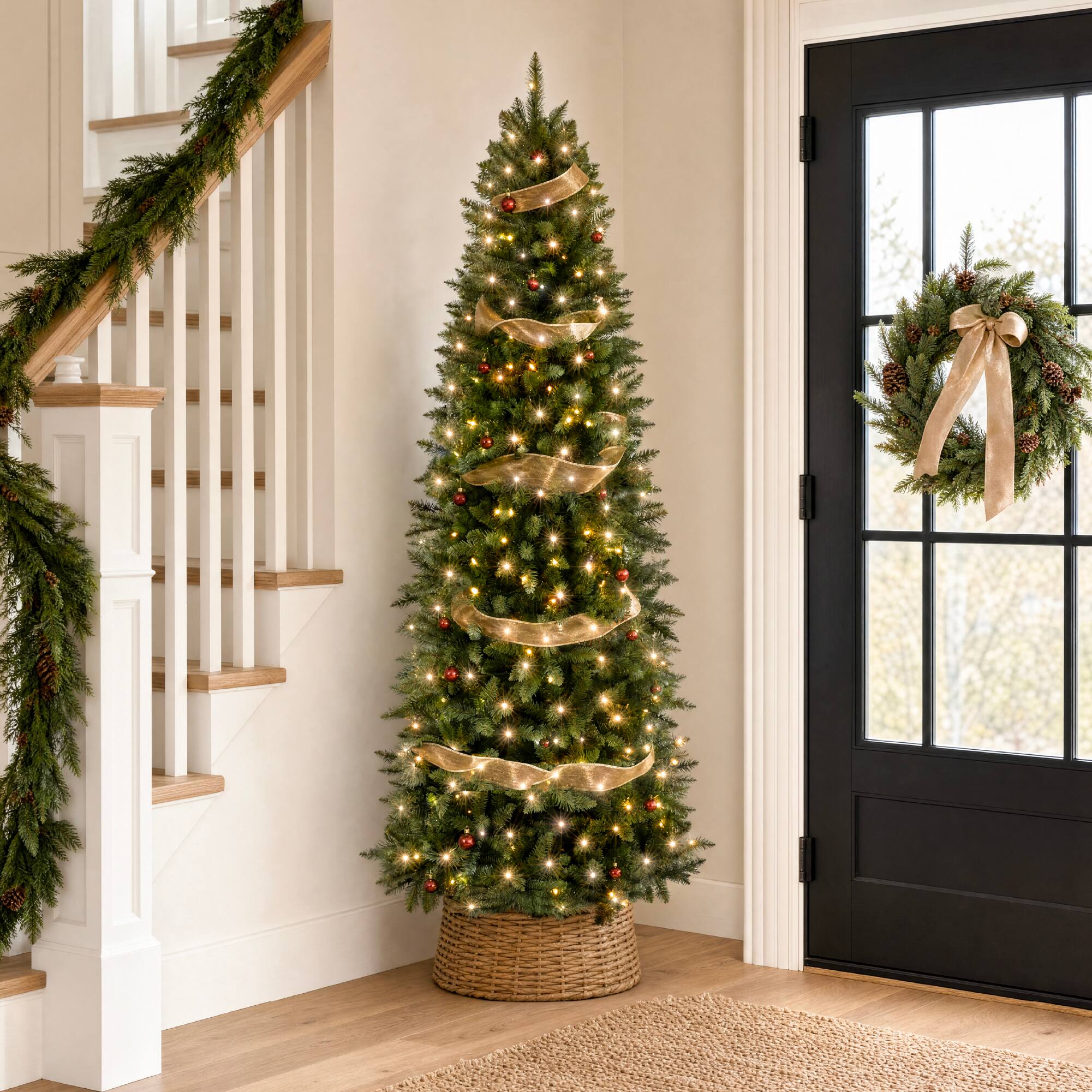 Alt View 6. Best Choice Products - Best Choice Products 9ft Artificial Pencil Christmas Tree with Viral Twinkling Lights, Pre-Lit Spruce, 450 Lights - Green w/ White Lights.