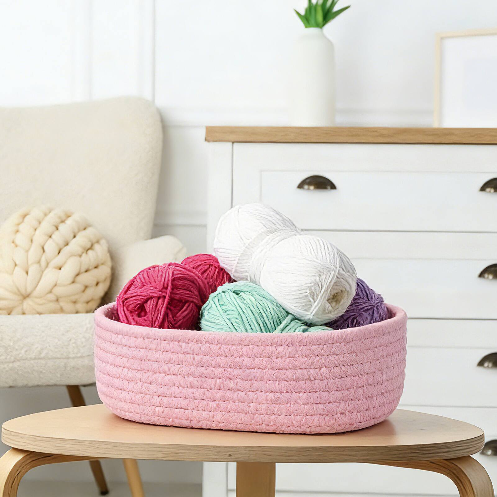 Alt View 3. Unique Bargains - Small Cotton Rope Woven Storage Basket, Mini Oval Bin 11.8x3.2" for Nursery Living Room Bedroom, Empty Gift Basket - Pink.