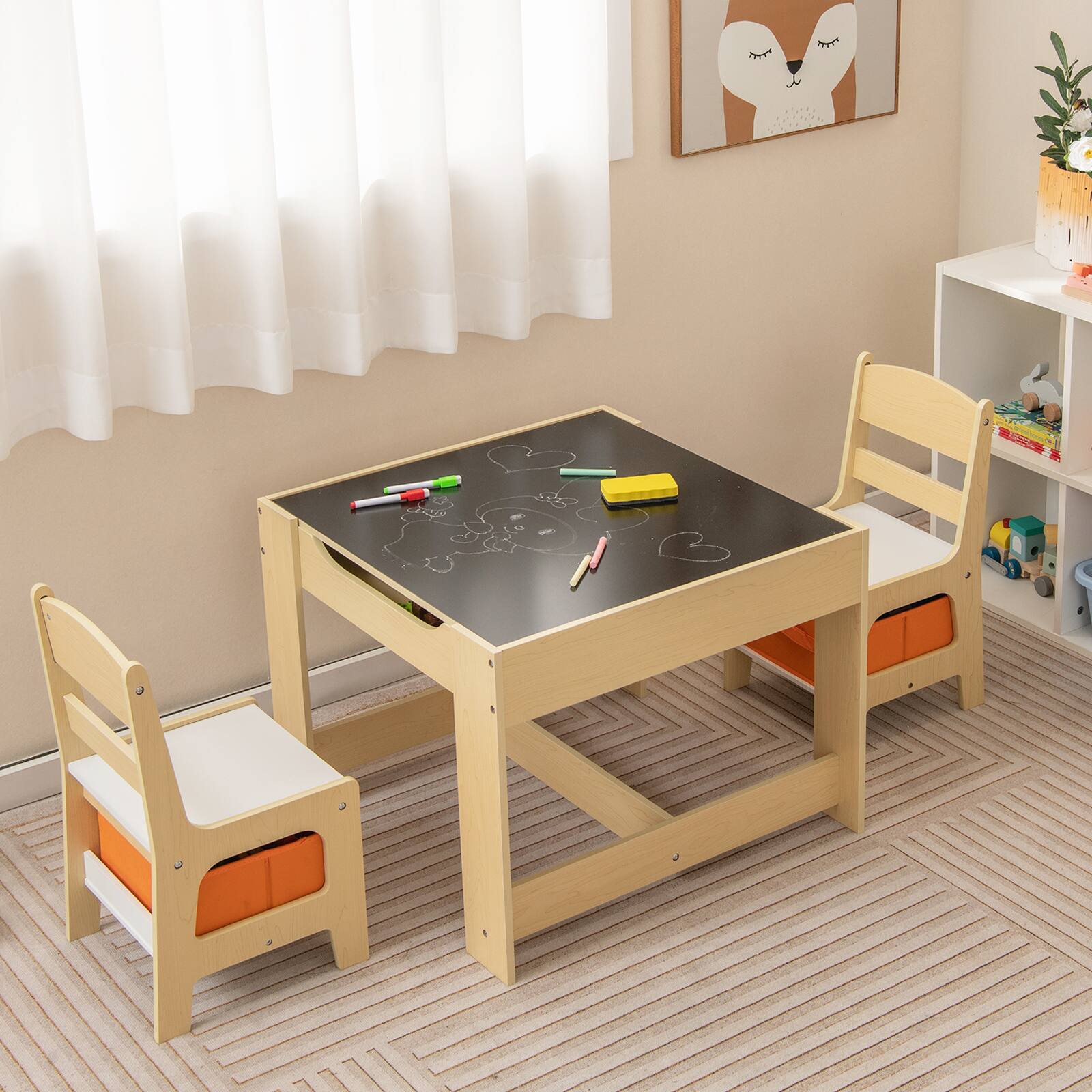 Alt View 3. Gymax - Gymax Children Kids Table Chairs Set With Storage Boxes Blackboard Whiteboard Drawing - as pic.